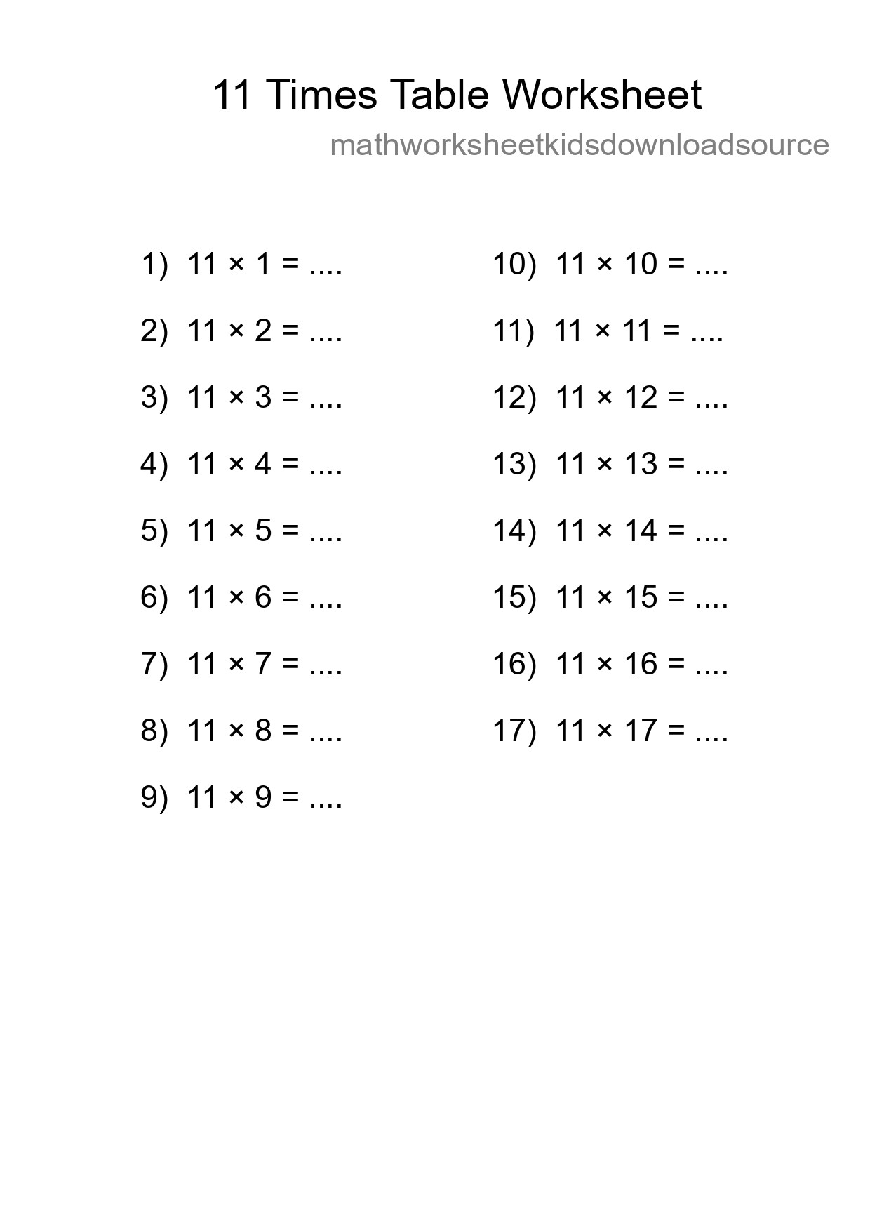 11 Times Table Worksheet For Grade 4 - Part 108