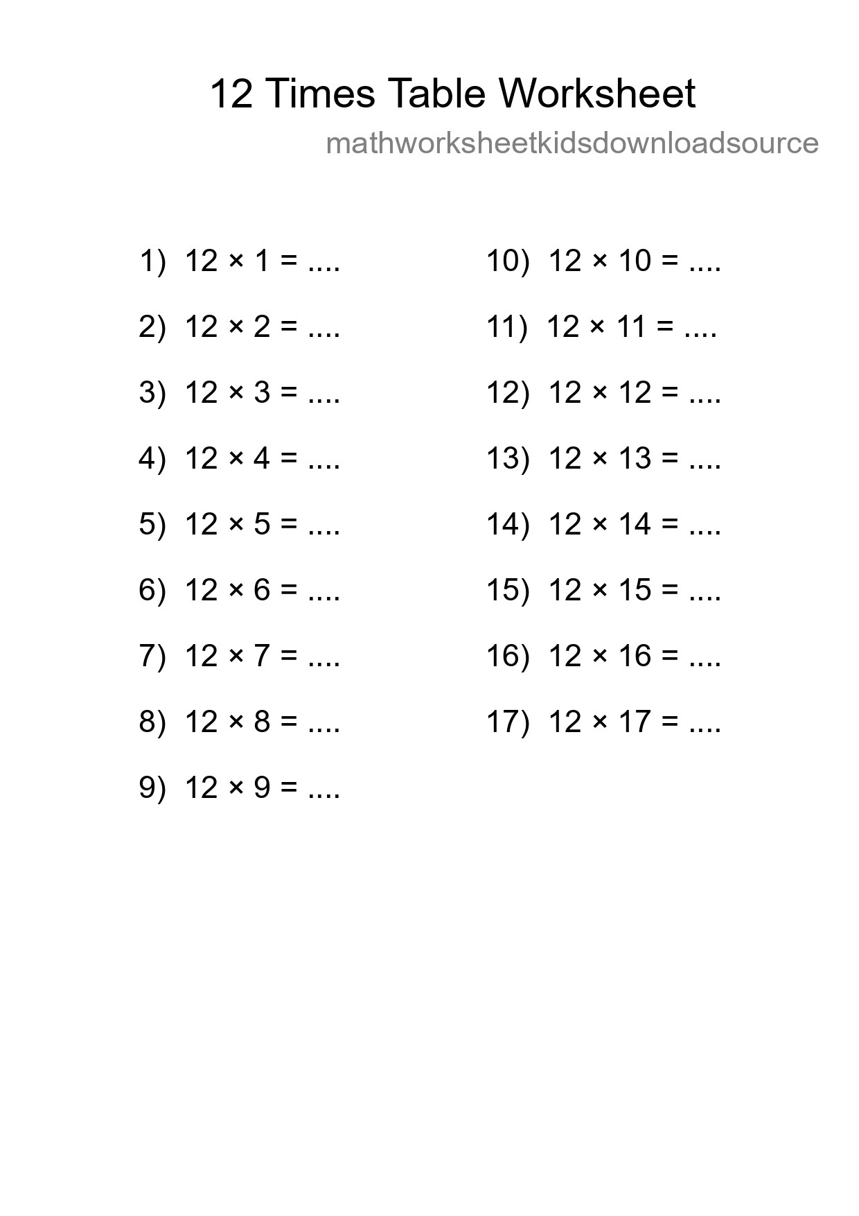 12 Times Table Worksheet For Grade 4 - Part 130