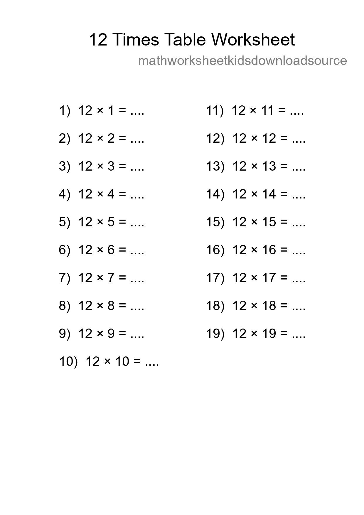 12 Times Table Worksheet For Grade 4 - Part 42