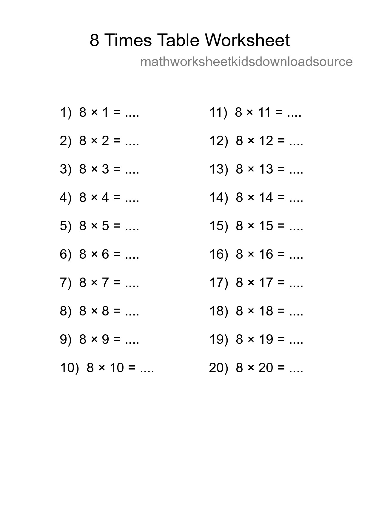 8 Times Table Worksheet For Grade 3 With Answers - Part 31