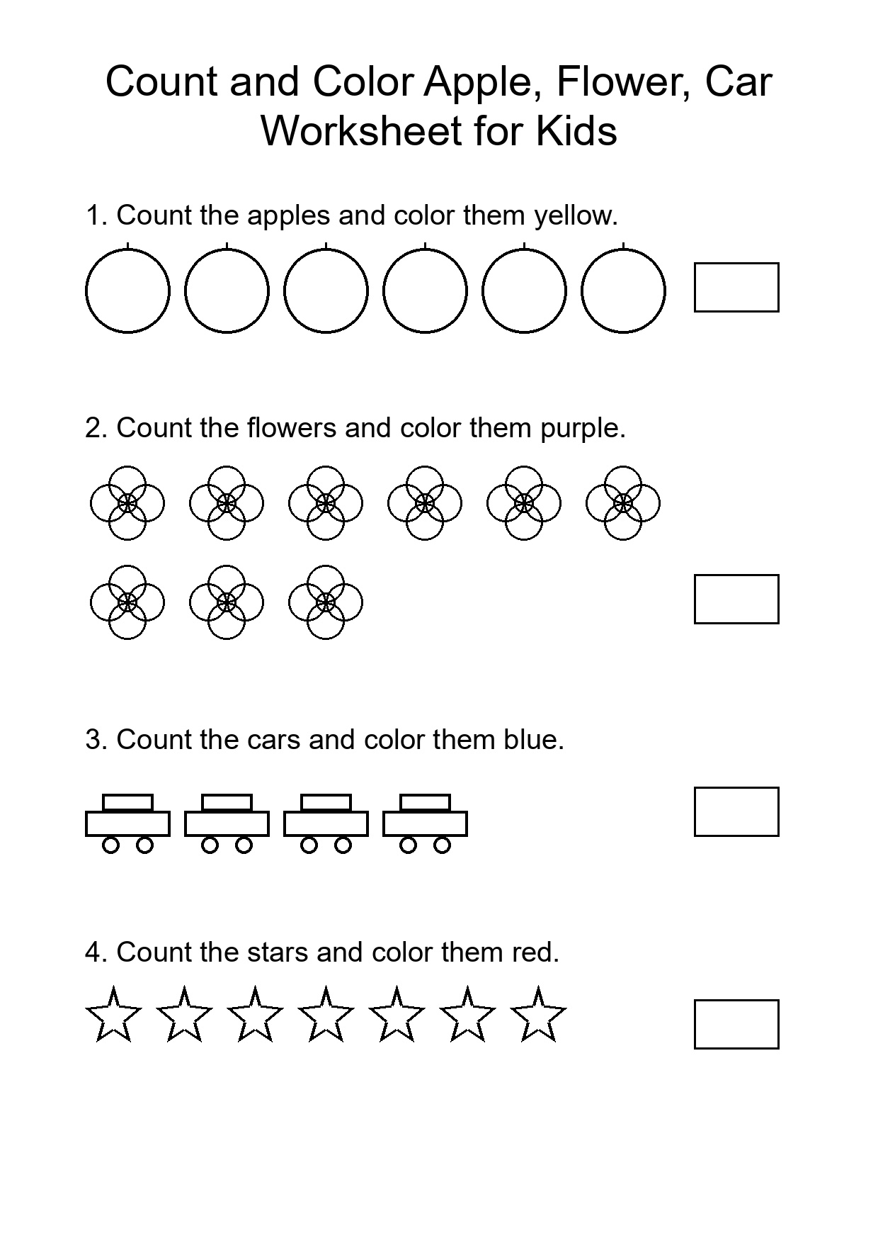 Count and Color Apple, Flower, Car Worksheet for Kids