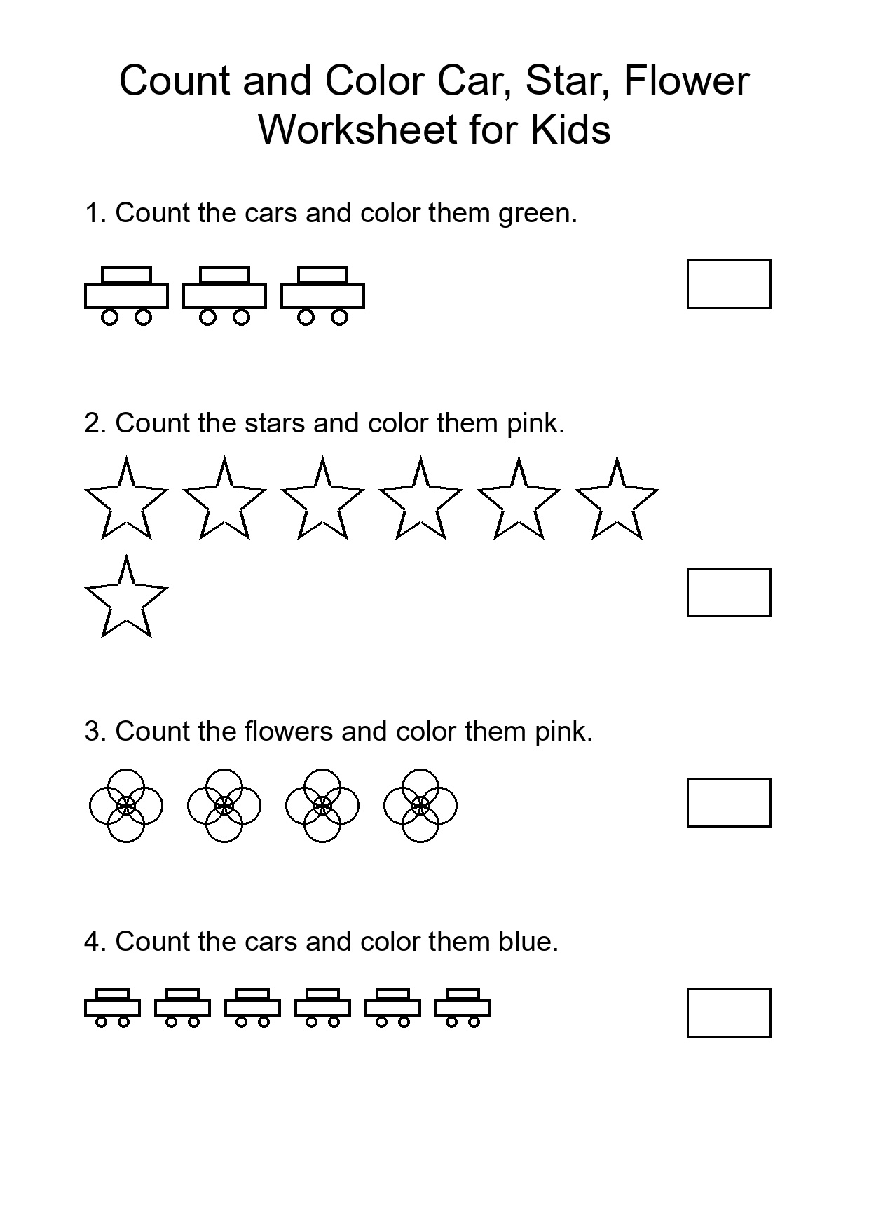 Count and Color Car, Star, Flower Worksheet for Kids