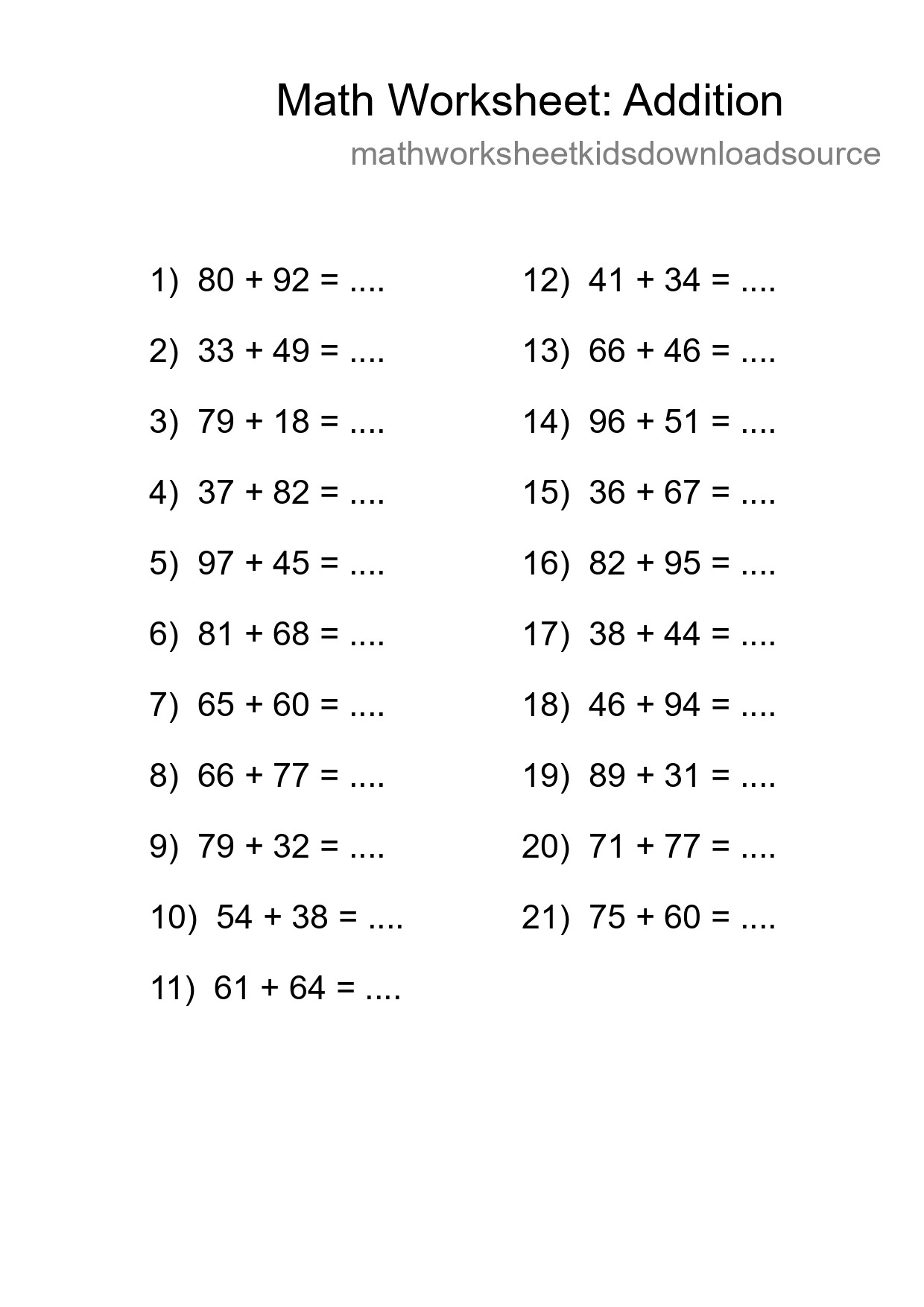 Free 21 Addition Math Worksheet For Grade 3