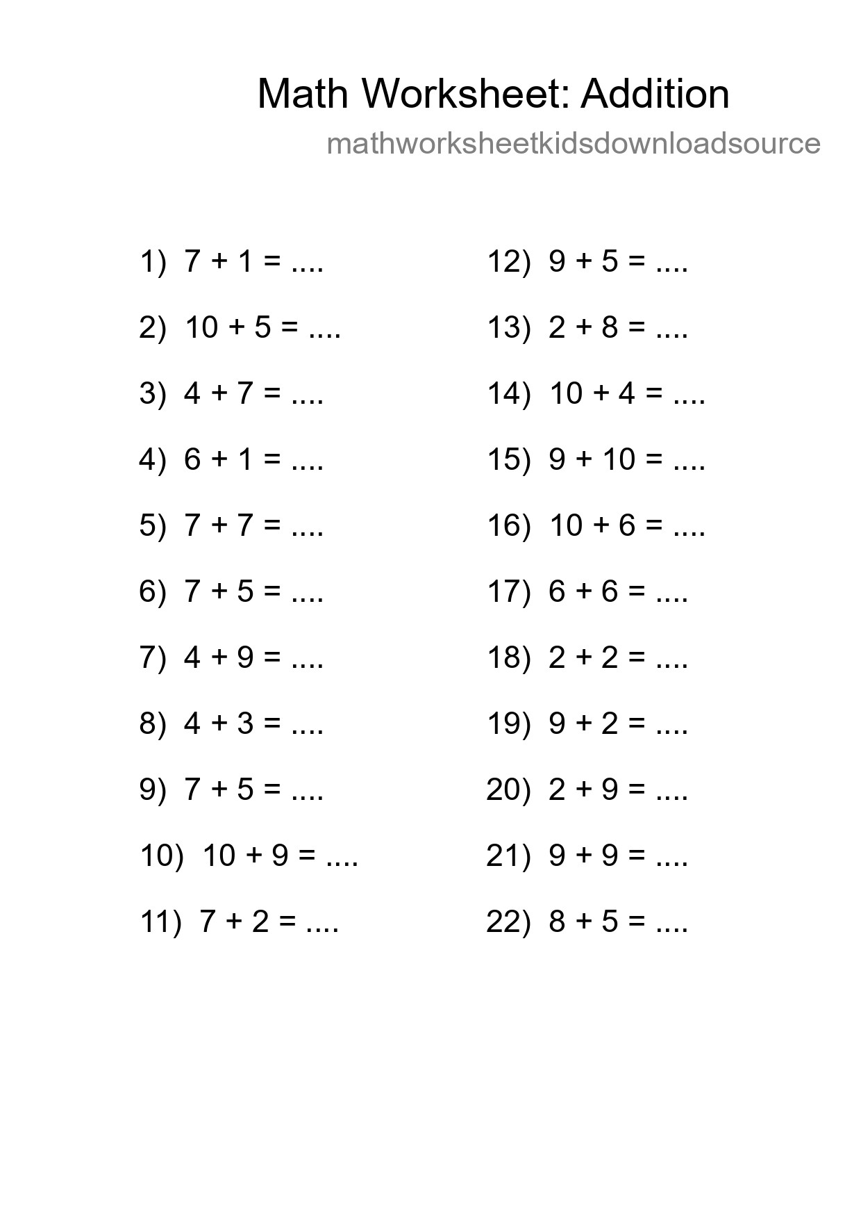 Free 22 Addition Math Worksheet For Grade 1 With Answers - Part 23