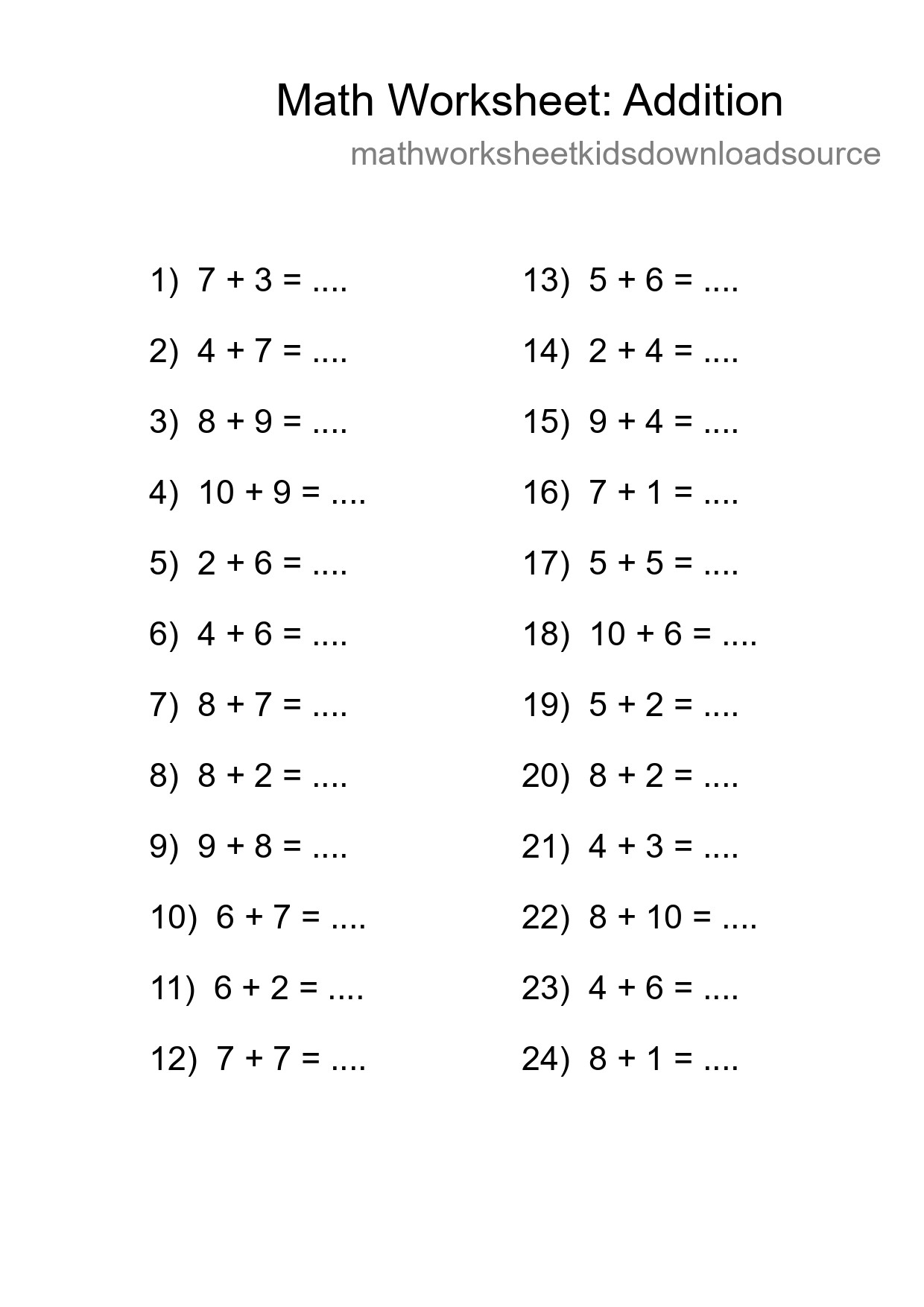 Free 24 Addition Math Worksheet For Grade 1 - Part 111