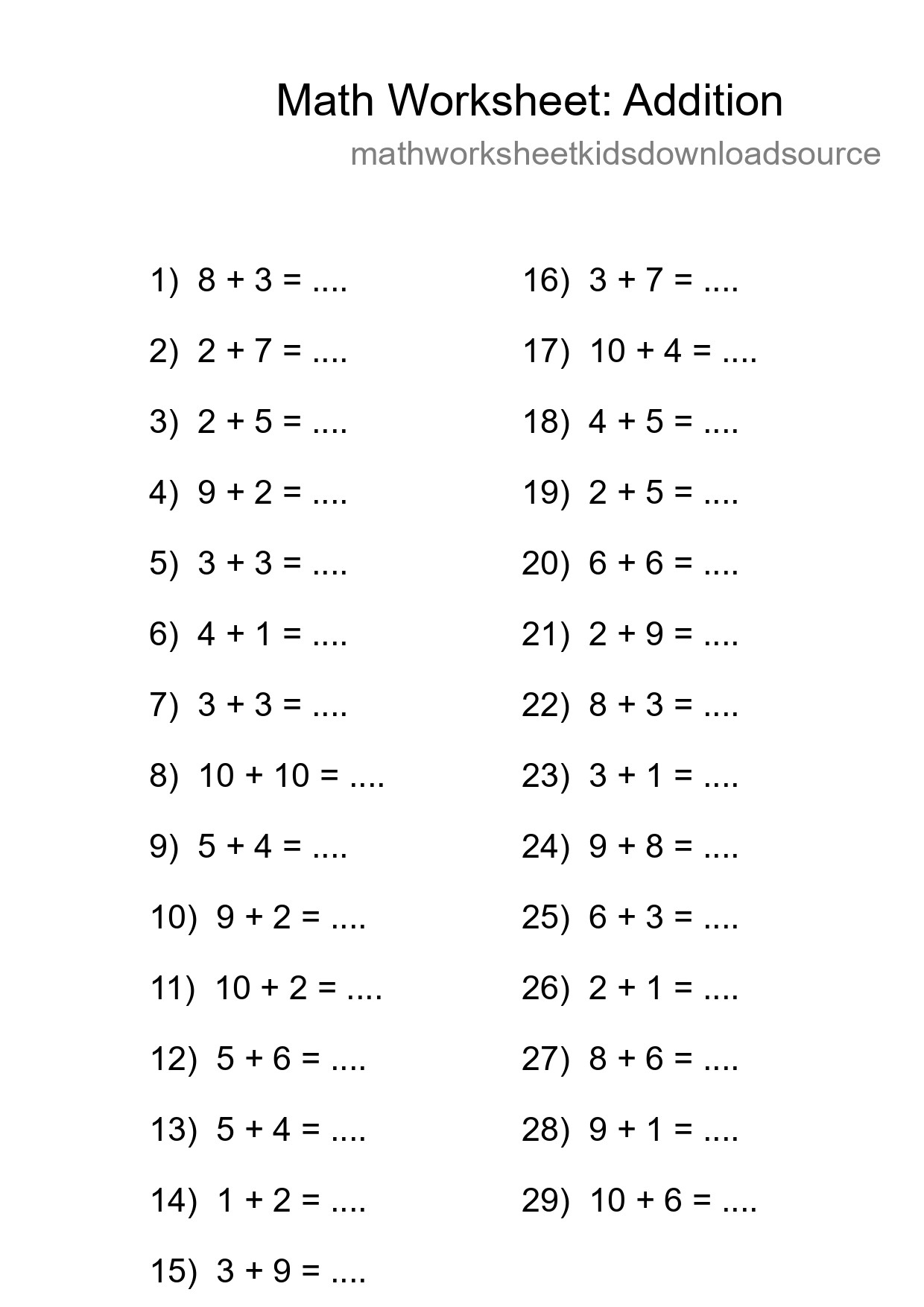 Grade 1 Addition Practice Worksheet (29 Problems) - Part 232