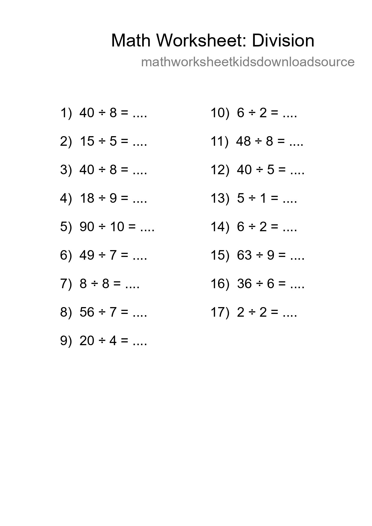 Grade 1 Division Practice Worksheet (17 Problems) - Part 213