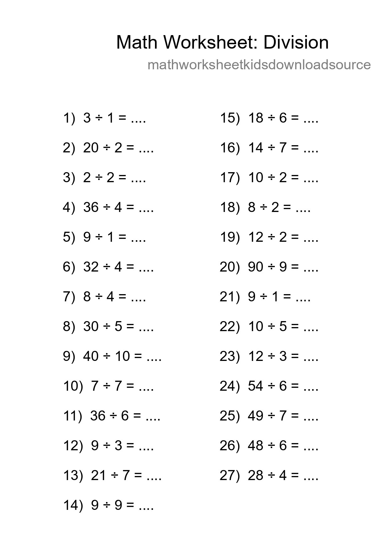 Grade 1 Division Practice Worksheet (27 Problems) - Part 81