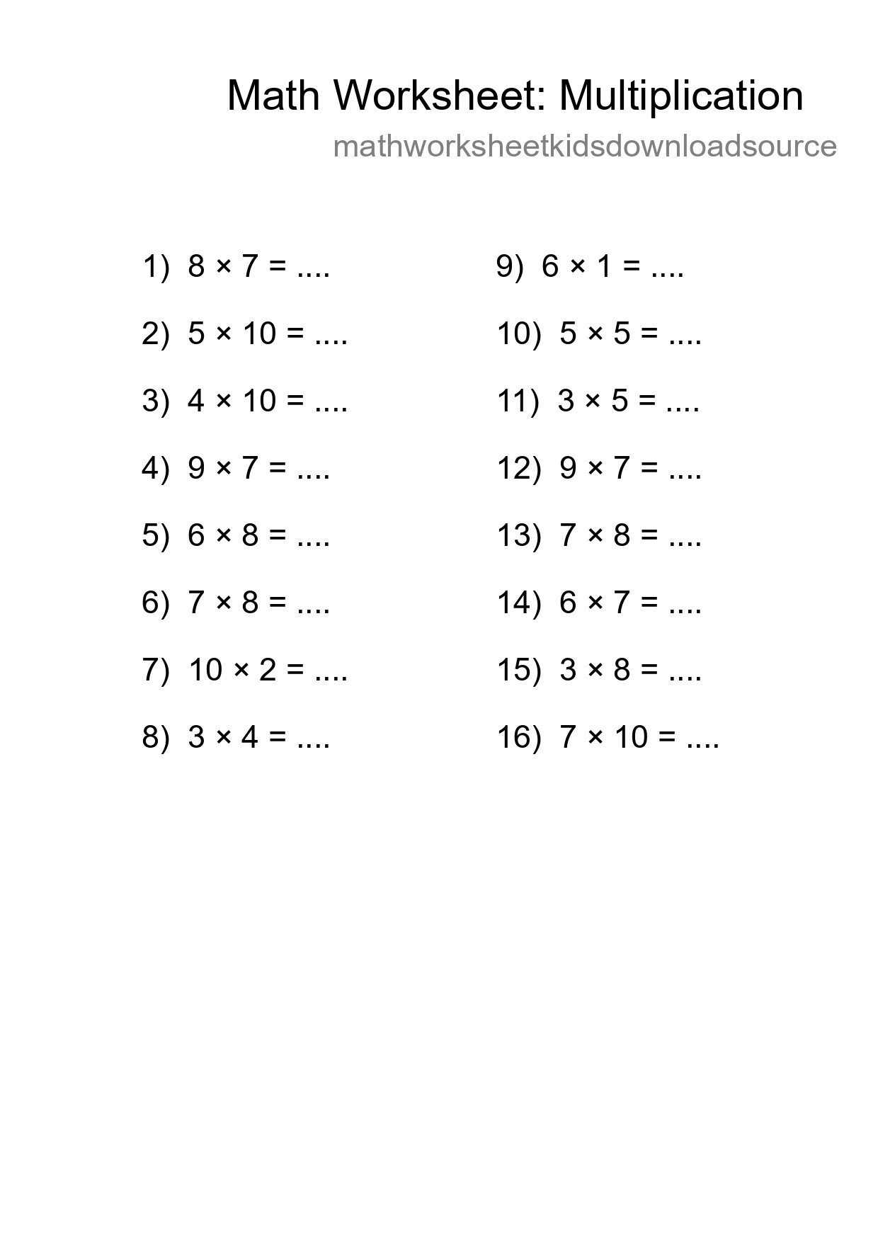 Grade 1 Multiplication Practice Worksheet (16 Problems) - Part 172