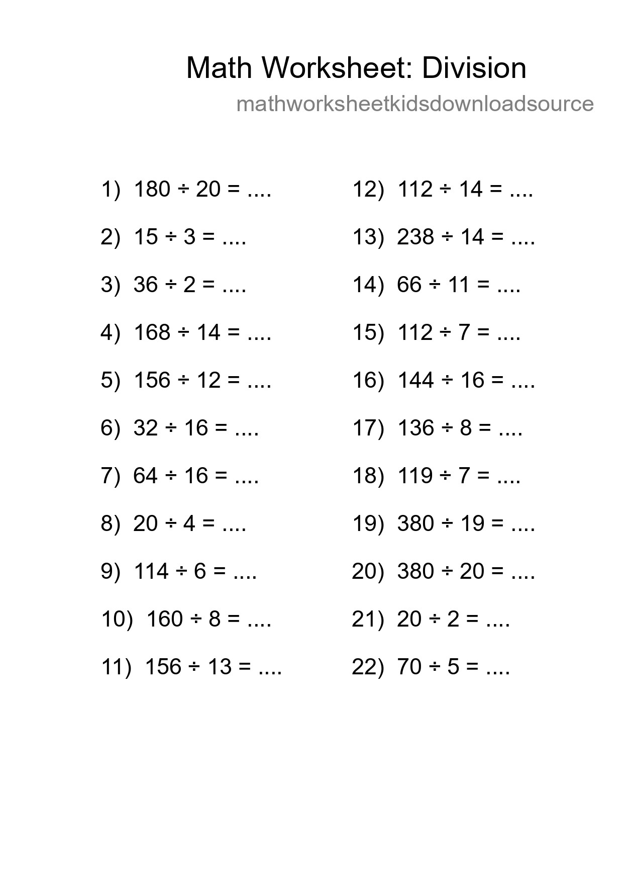 Grade 2 Division Practice Worksheet (22 Problems) - Part 114