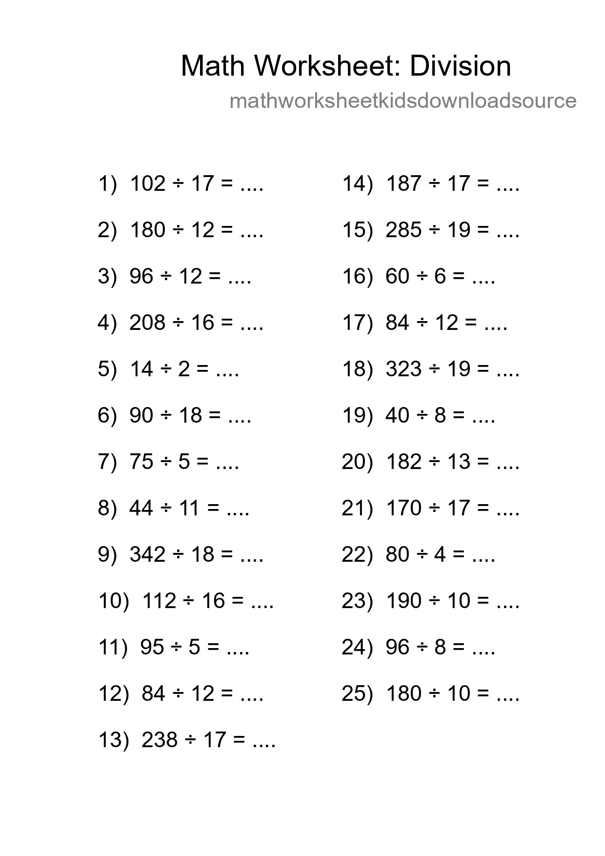 Grade 2 Division Practice Worksheet (25 Problems) - Part 125