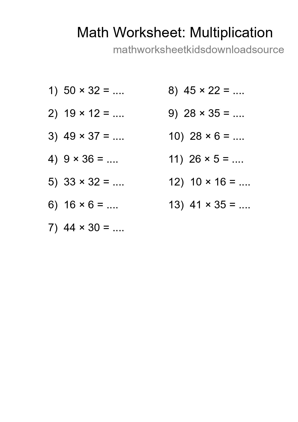Grade 2 Multiplication Practice Worksheet (13 Problems) - Part 106