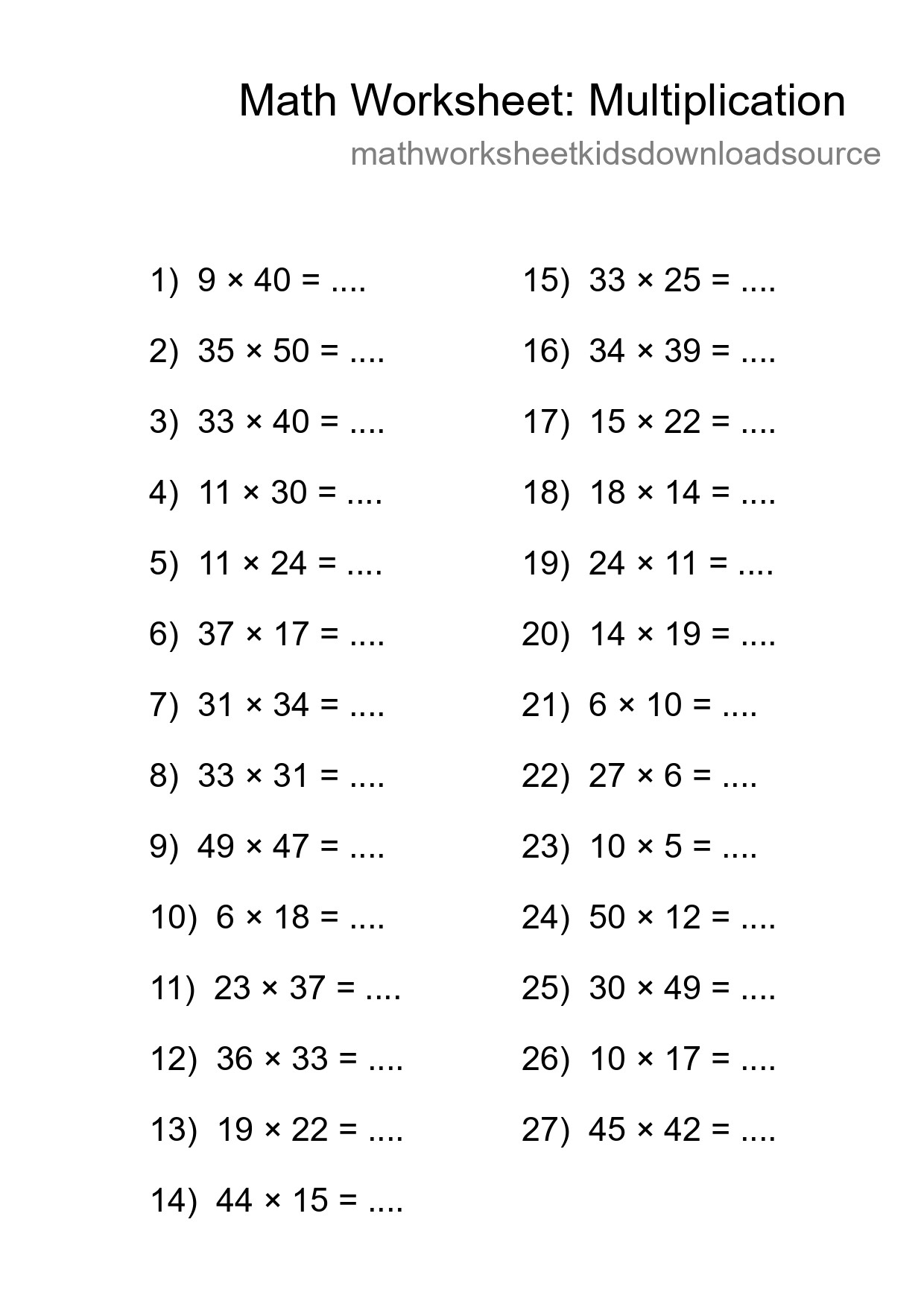 Grade 2 Multiplication Practice Worksheet (27 Problems) - Part 40
