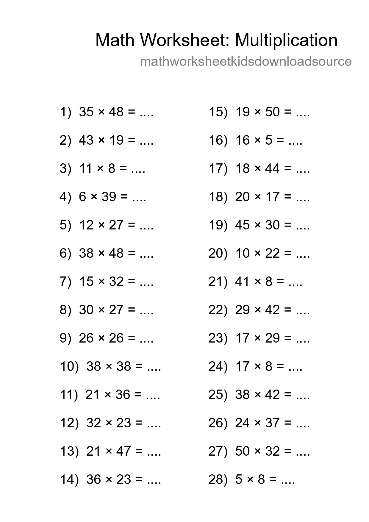 Grade 2 Multiplication Practice Worksheet (28 Problems) - Part 150