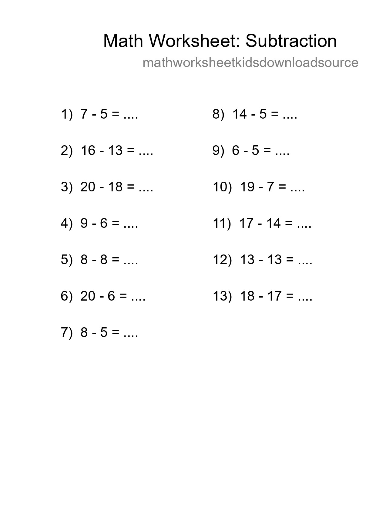 Grade 2 Subtraction Practice Worksheet (13 Problems) - Part 239