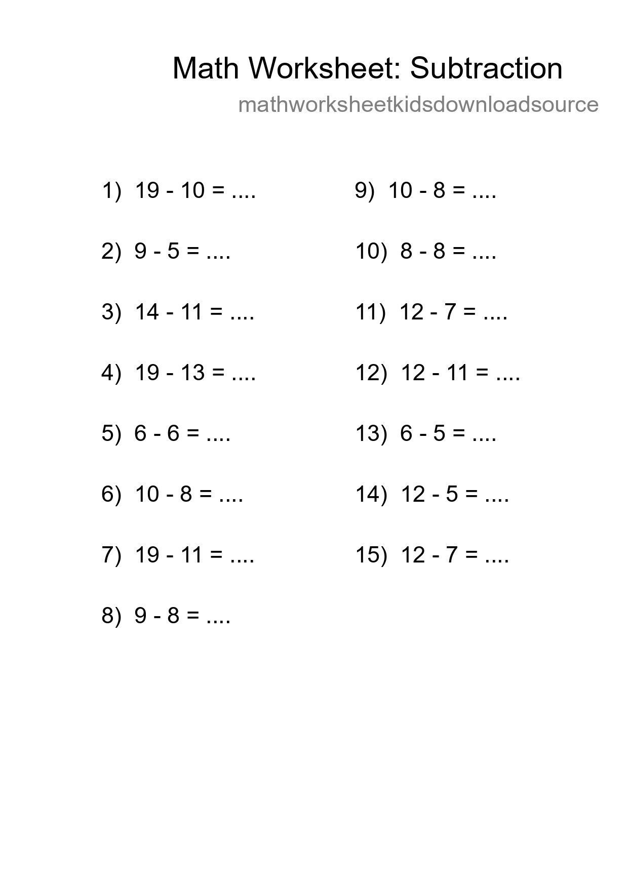 Grade 2 Subtraction Practice Worksheet (15 Problems) - Part 85