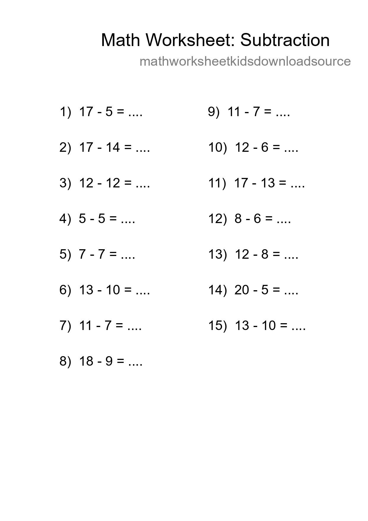 Grade 2 Subtraction Practice Worksheet (15 Problems) - Part 96