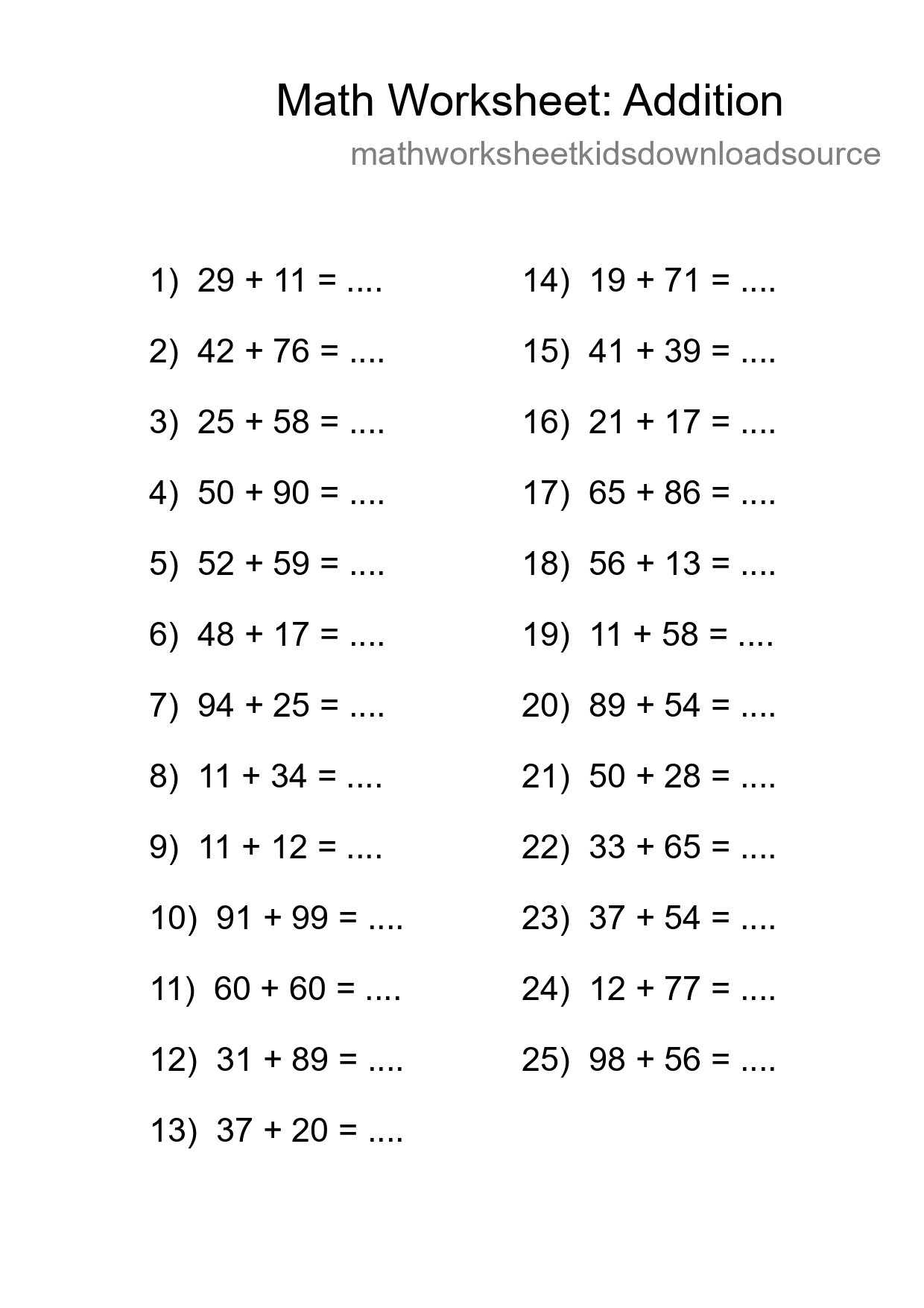 Grade 3 Addition Practice Worksheet (25 Problems) - Part 34