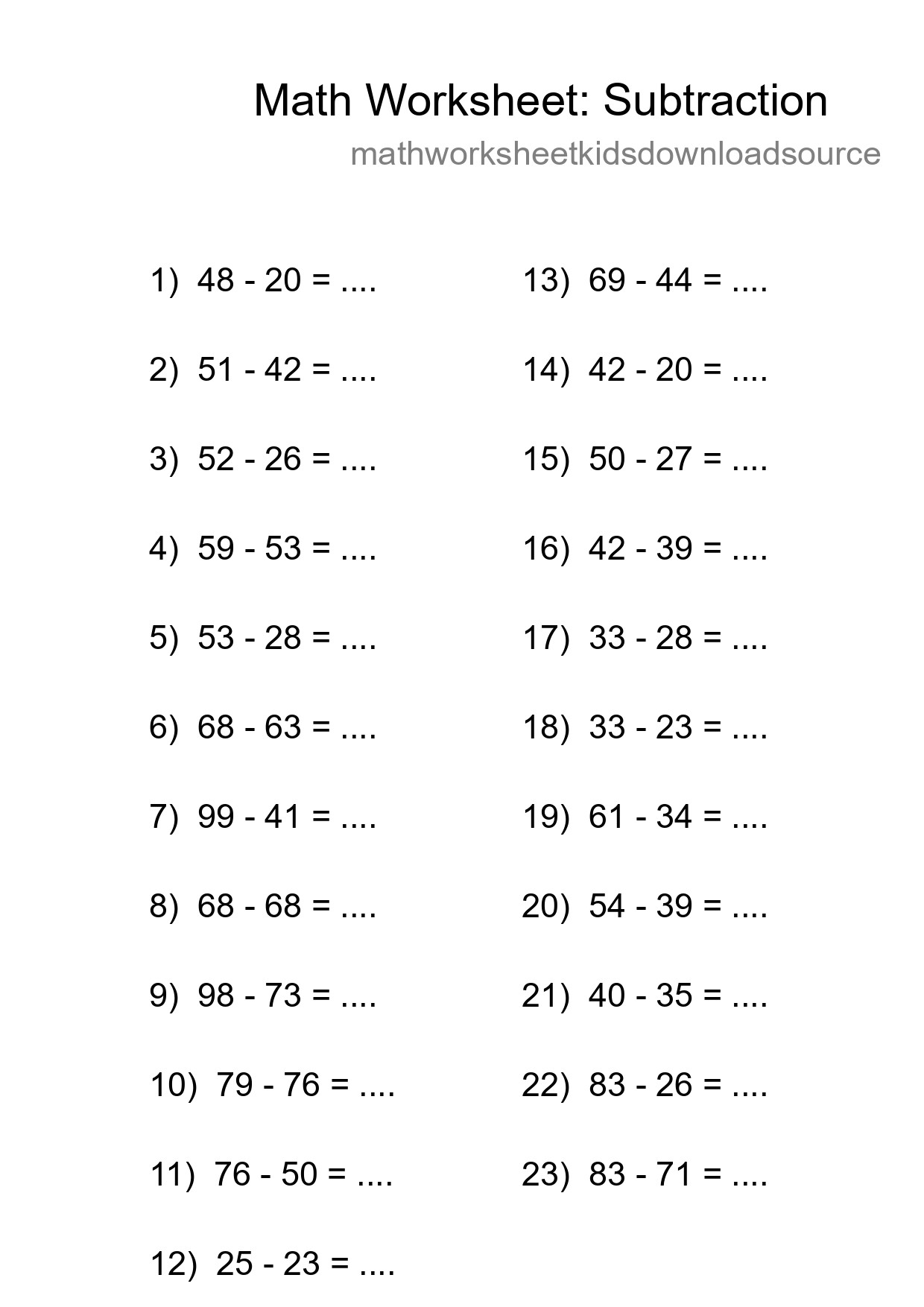 Grade 3 Subtraction Practice Worksheet (23 Problems) - Part 129