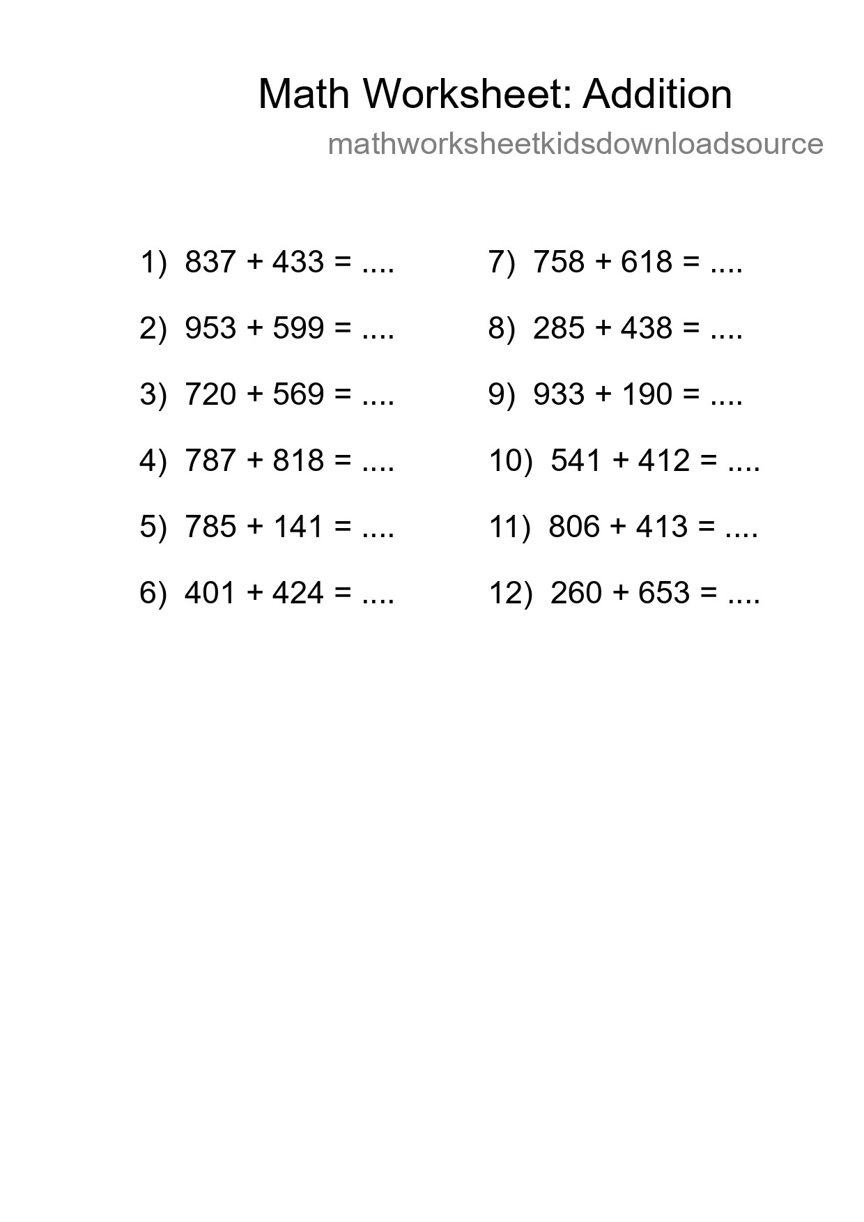Grade 5 Addition Practice Worksheet (12 Problems) - Part 199