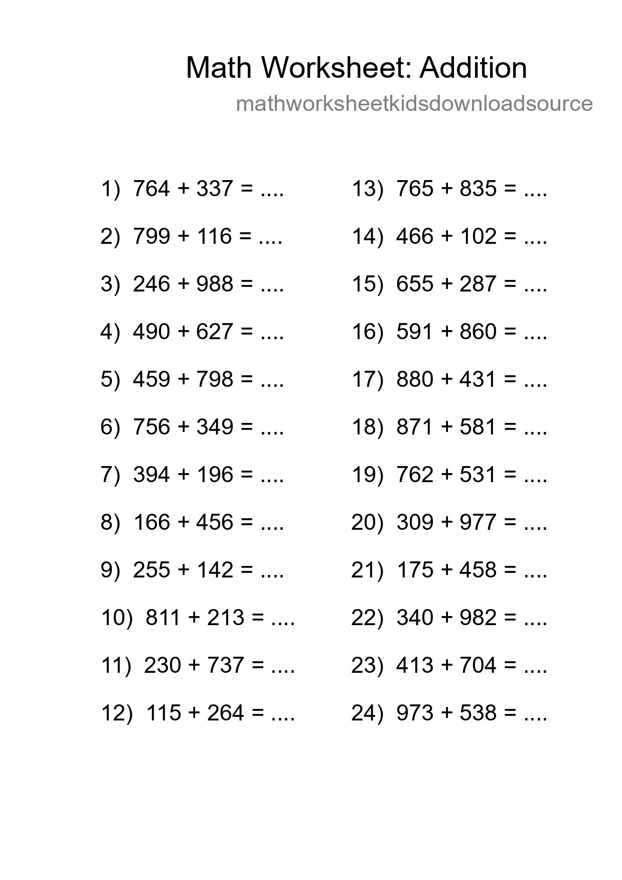 Grade 5 Addition Practice Worksheet (24 Problems) - Part 67