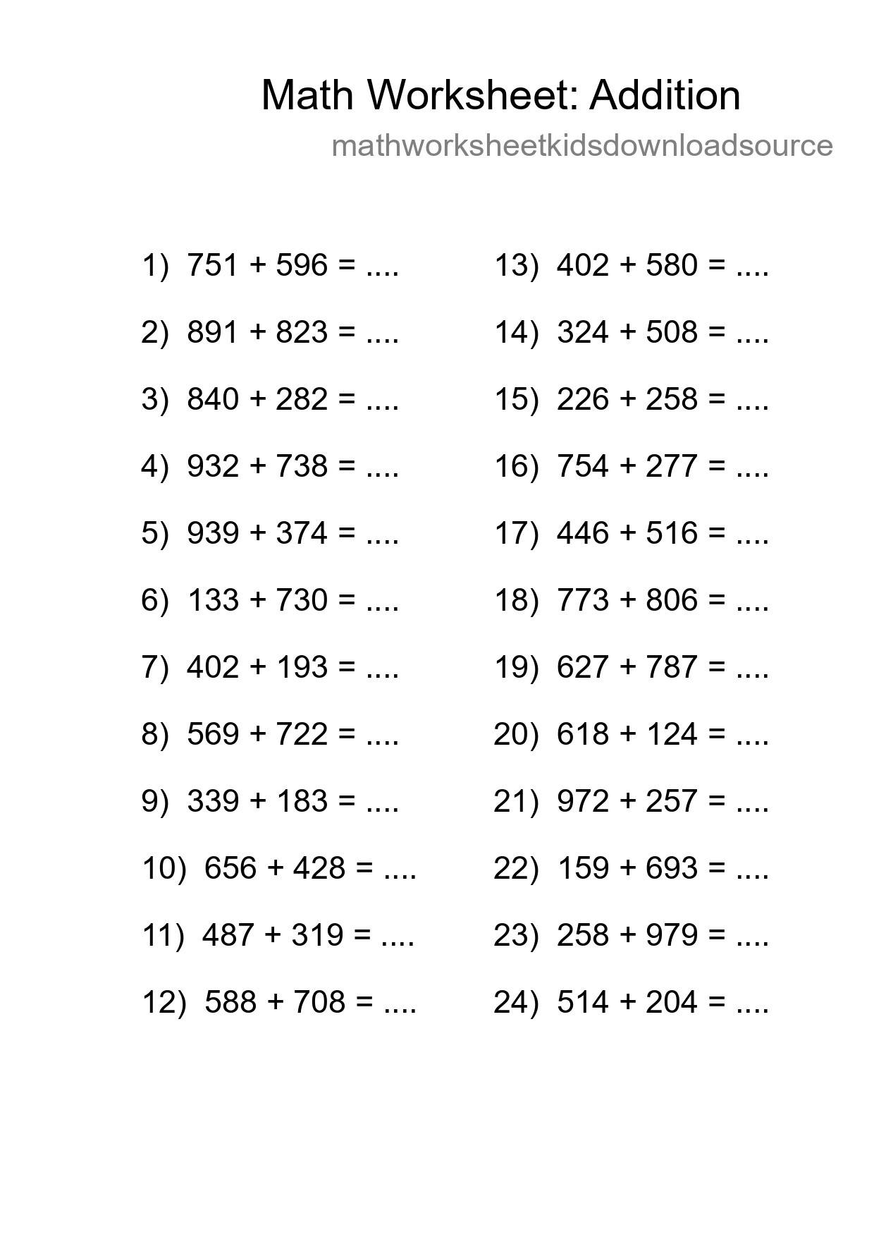 Grade 5 Addition Practice Worksheet (24 Problems) - Part 78