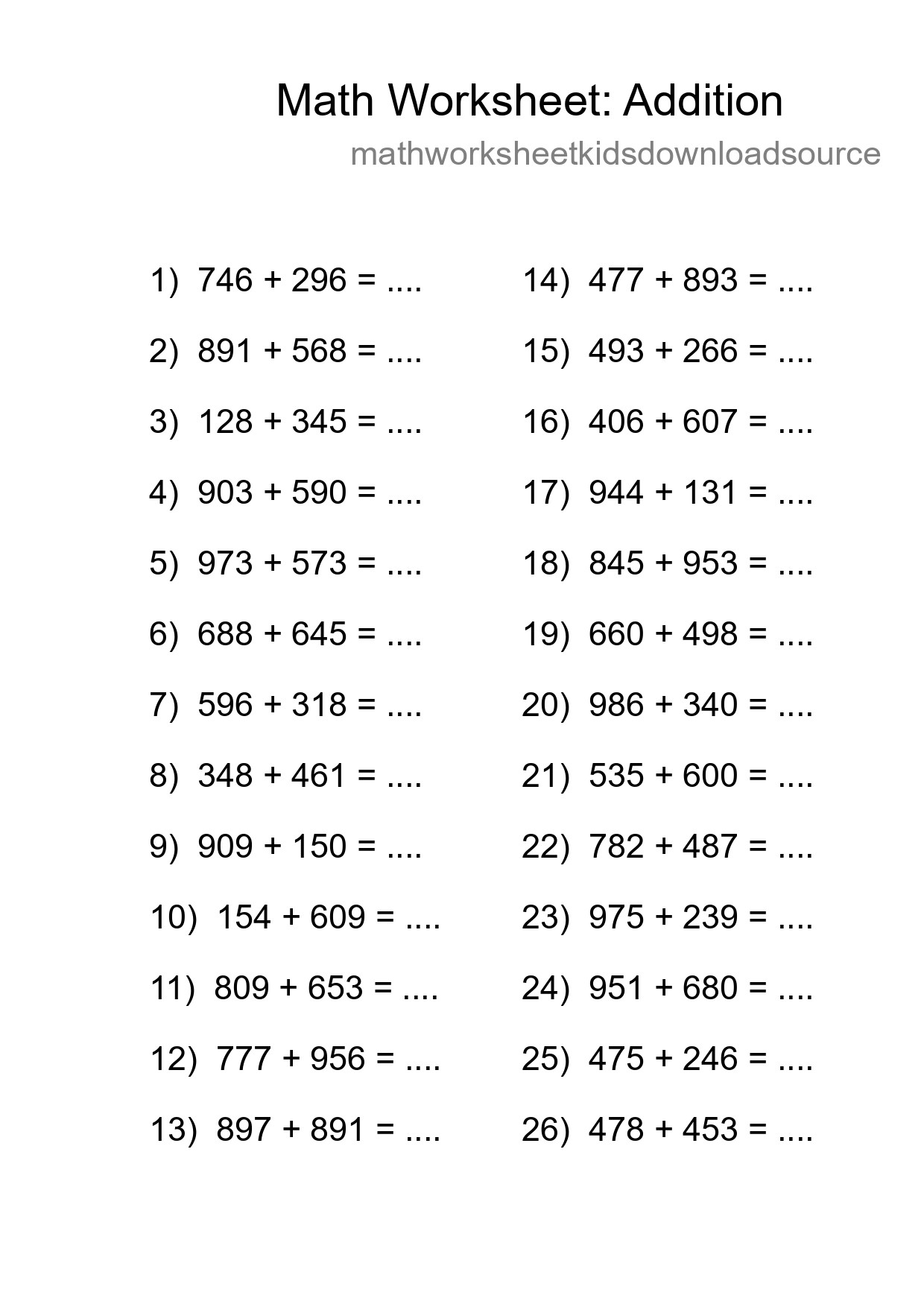 Grade 5 Addition Practice Worksheet (26 Problems) - Part 155