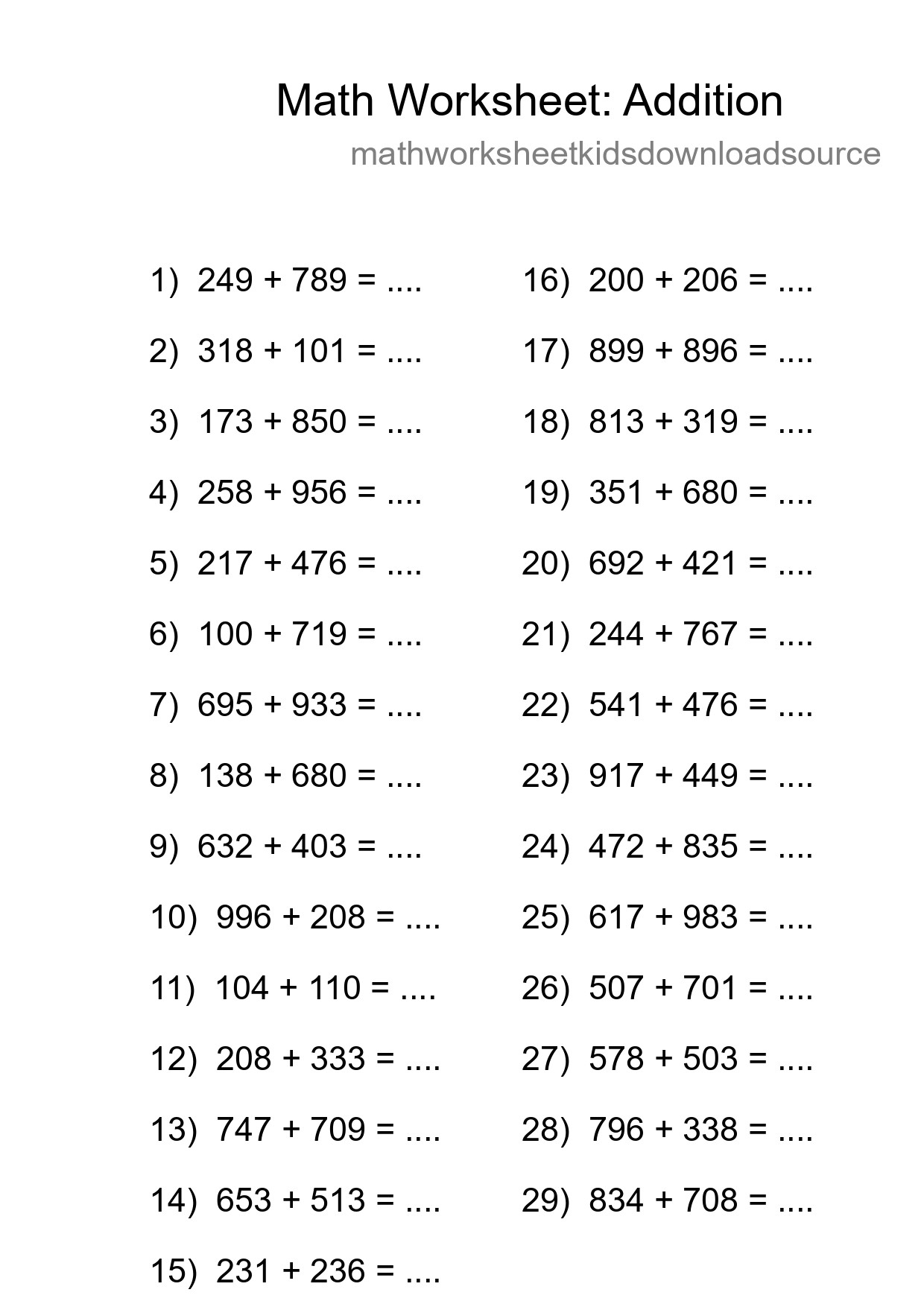 Grade 5 Addition Practice Worksheet (29 Problems) - Part 89