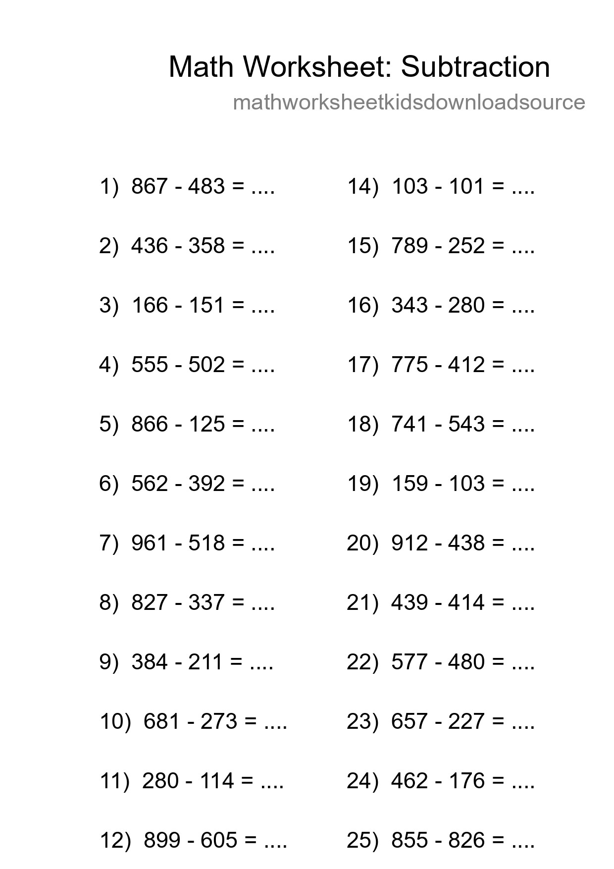 Grade 5 Subtraction Practice Worksheet (26 Problems) - Part 173
