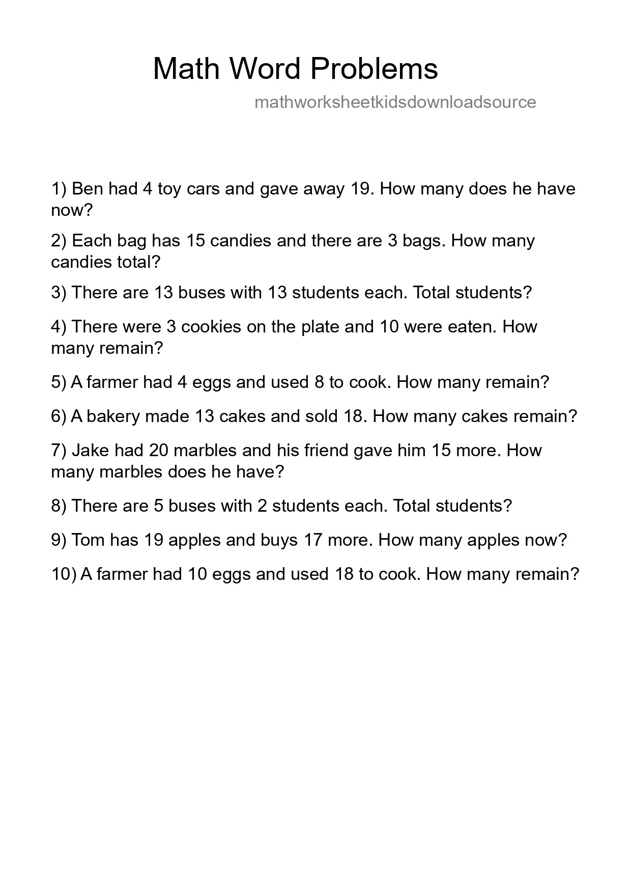 Math Word Problem Worksheet