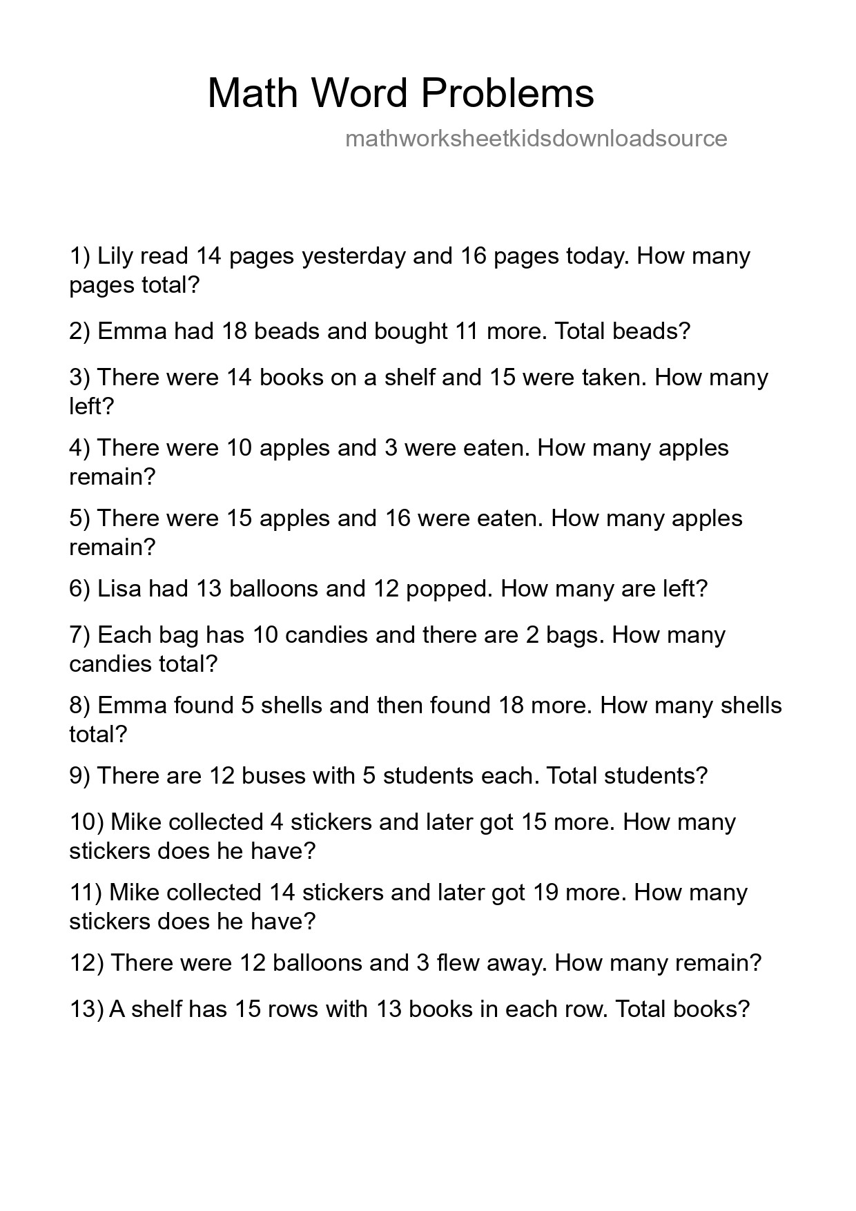 Math Word Problem Worksheet