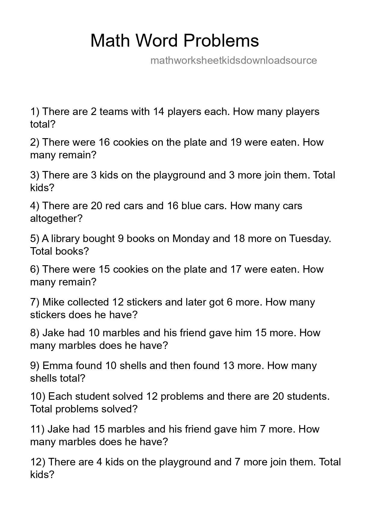 Math Word Problem Worksheet