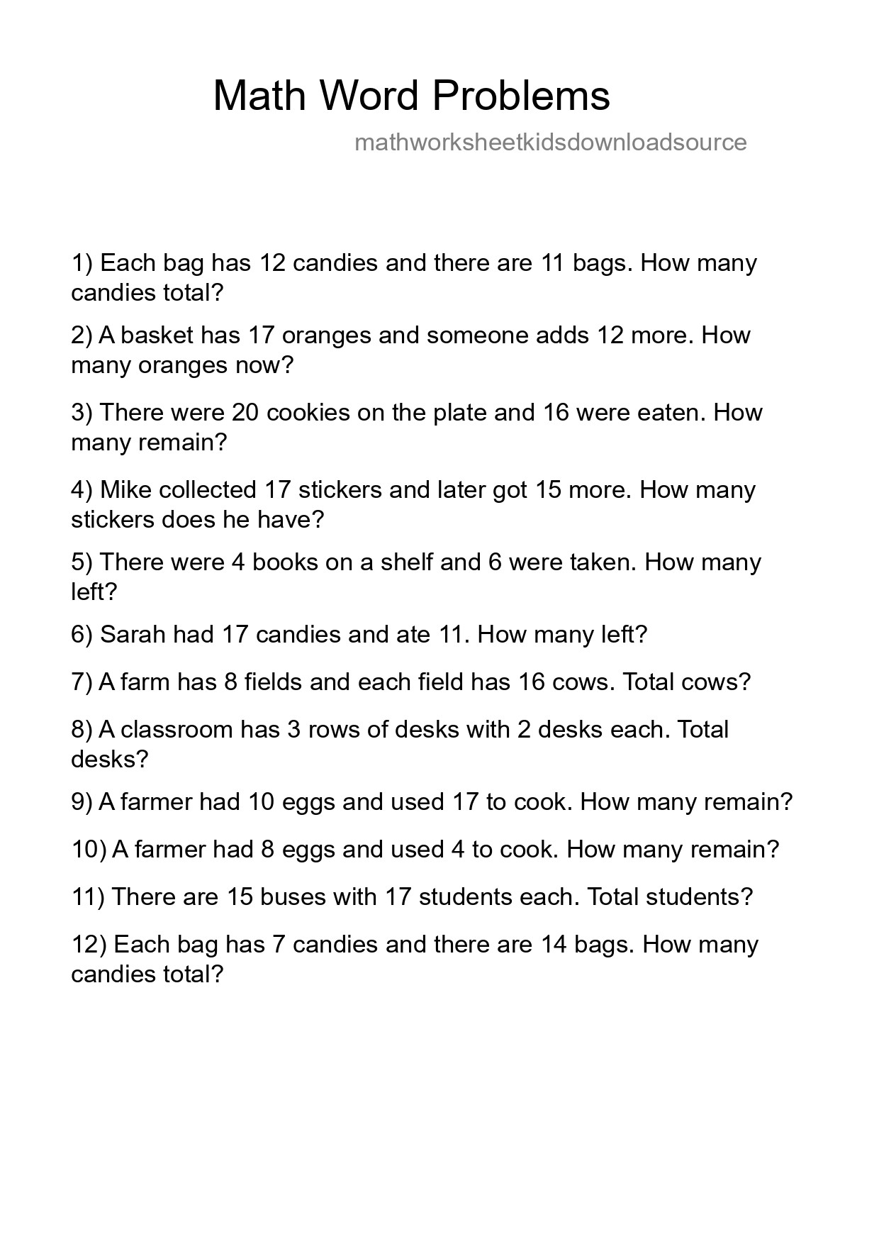 Math Word Problem Worksheet