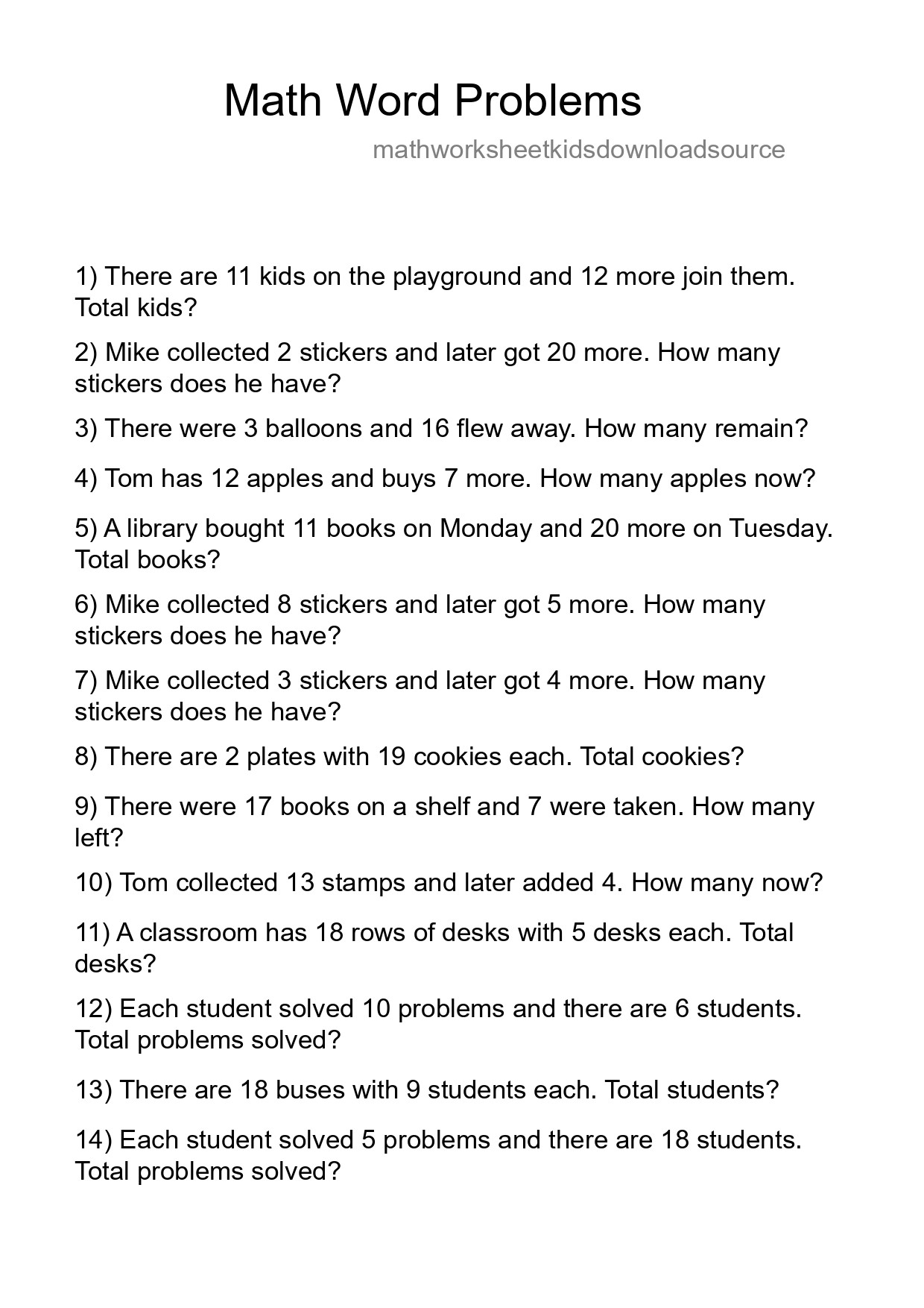 Math Word Problem Worksheet