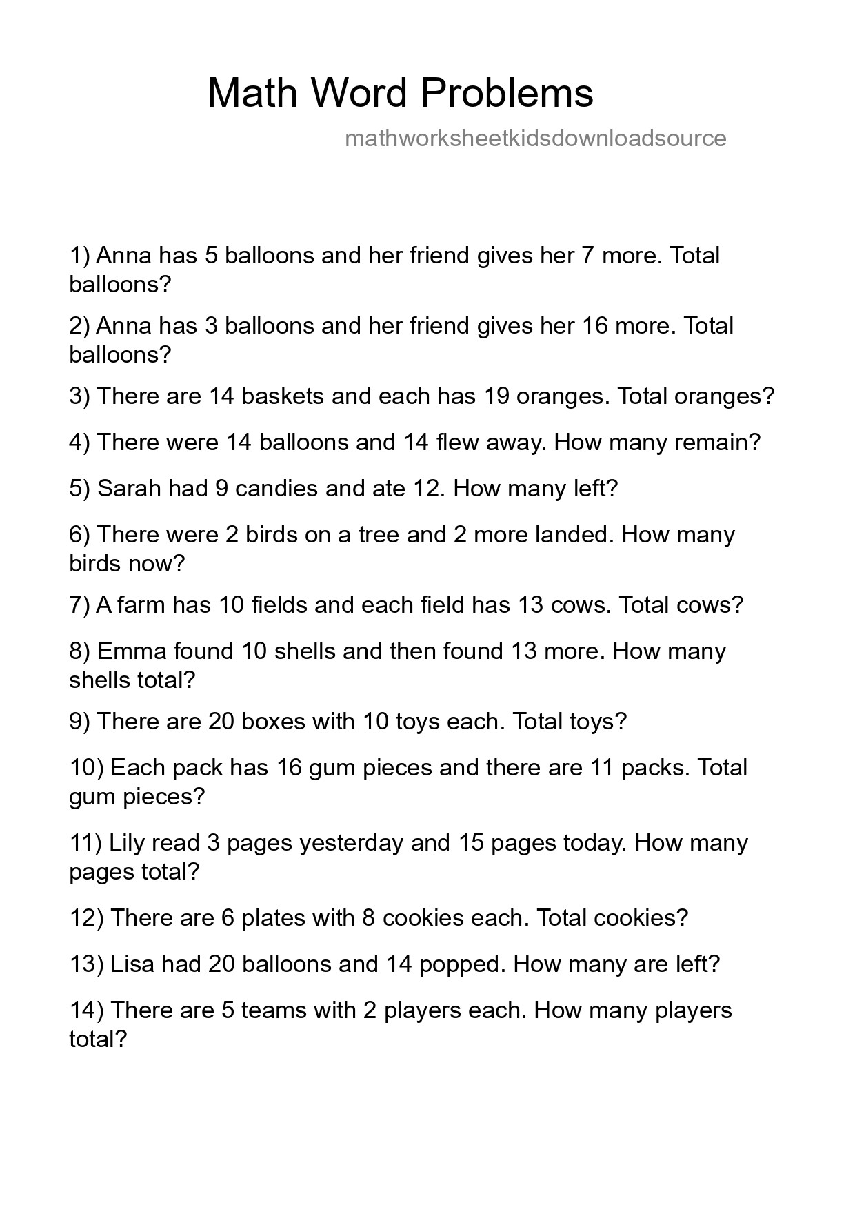 Math Word Problem Worksheet