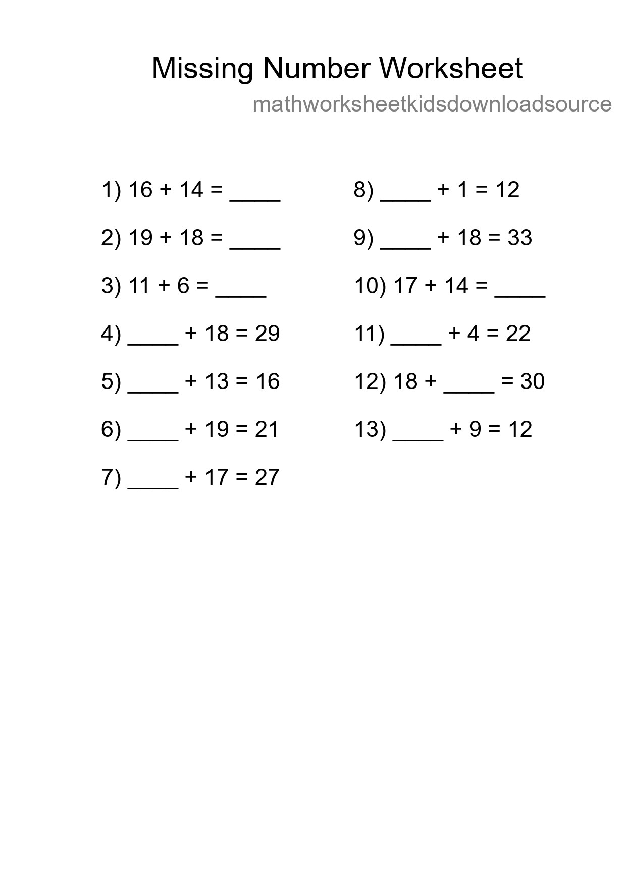 Missing Number Math Worksheet