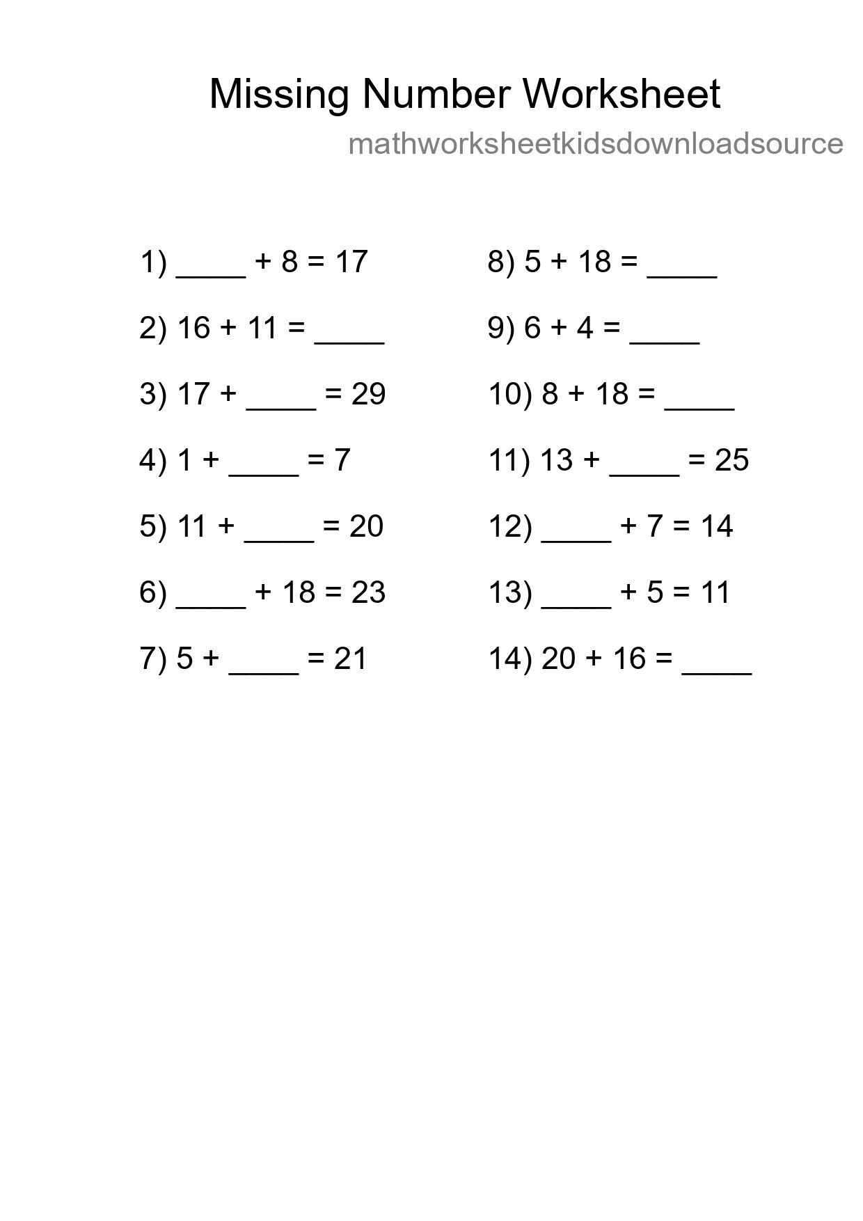 Missing Number Math Worksheet