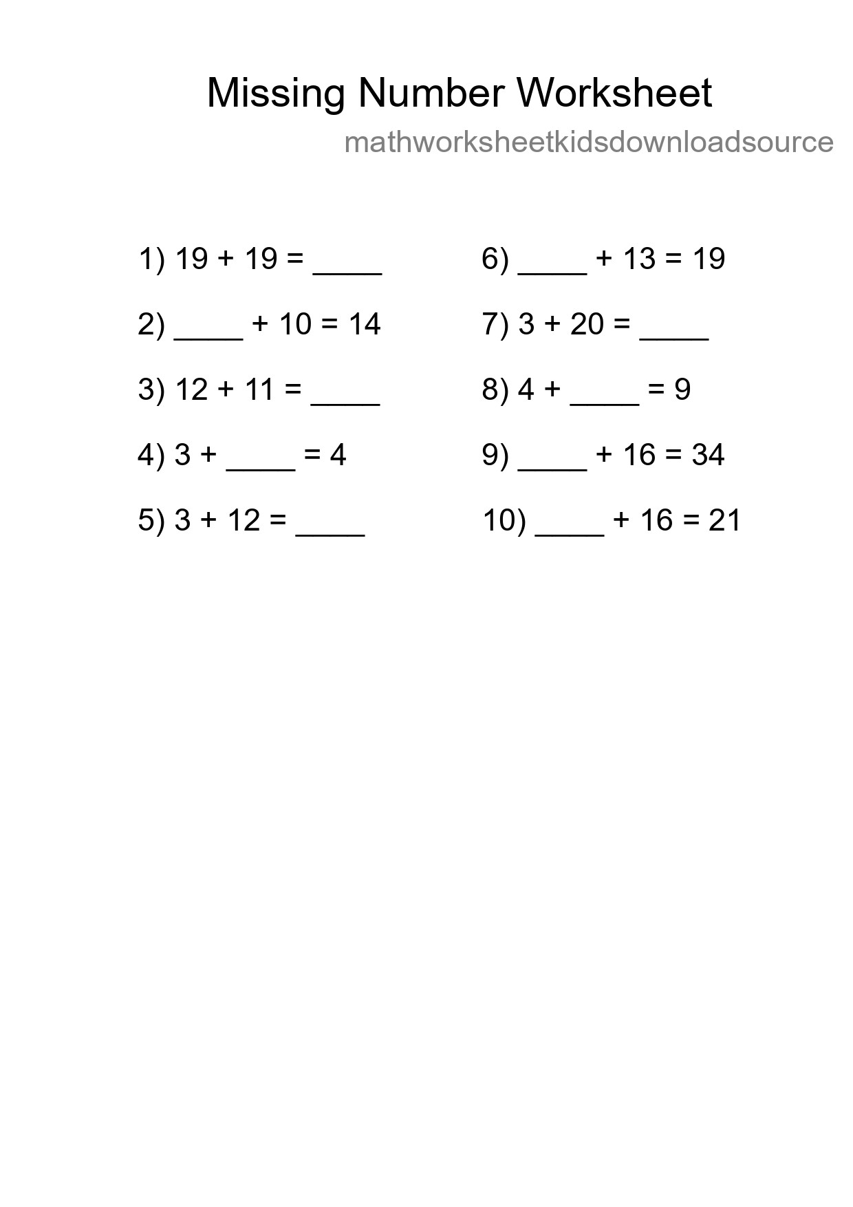 Missing Number Math Worksheet