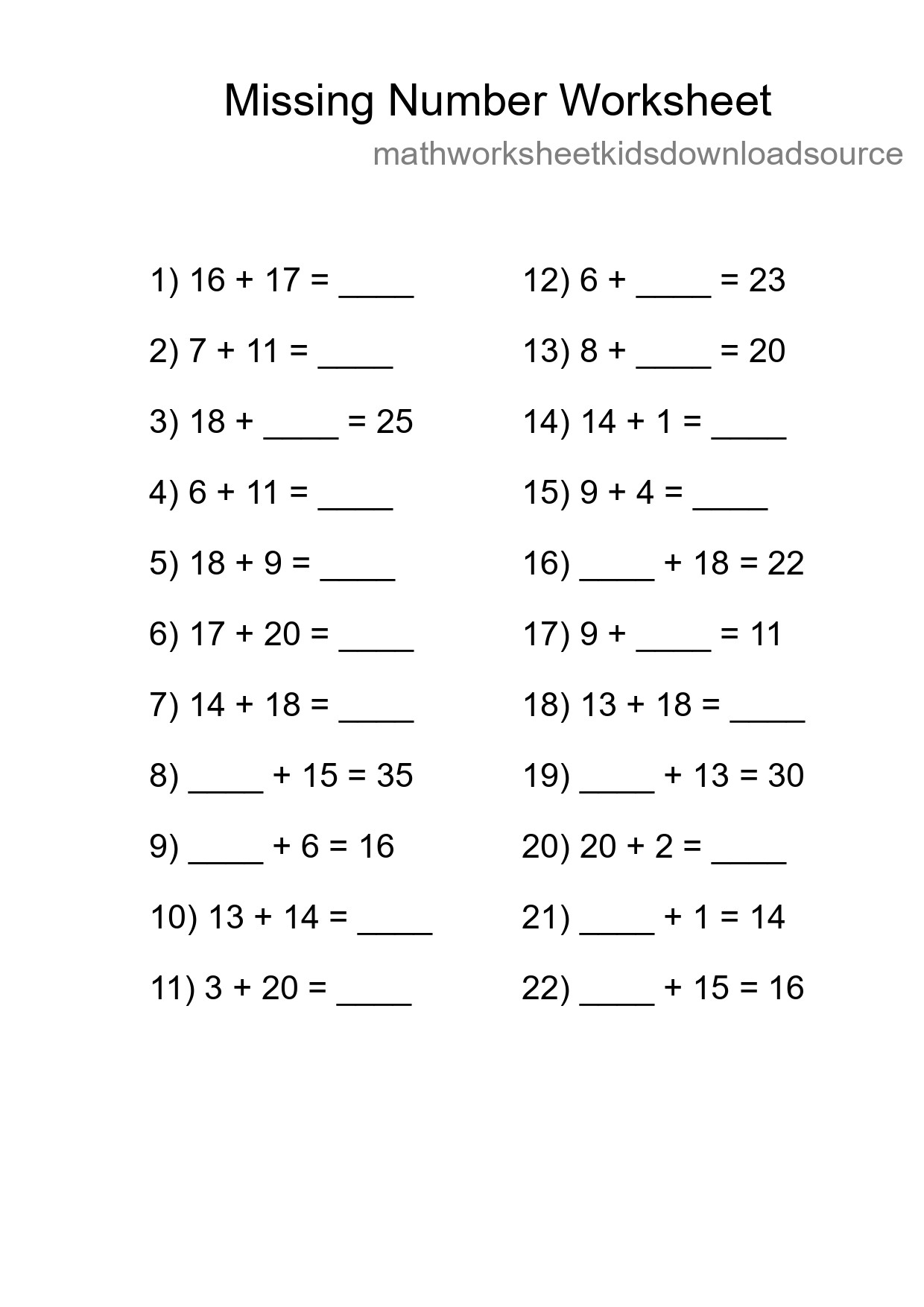 Missing Number Math Worksheet