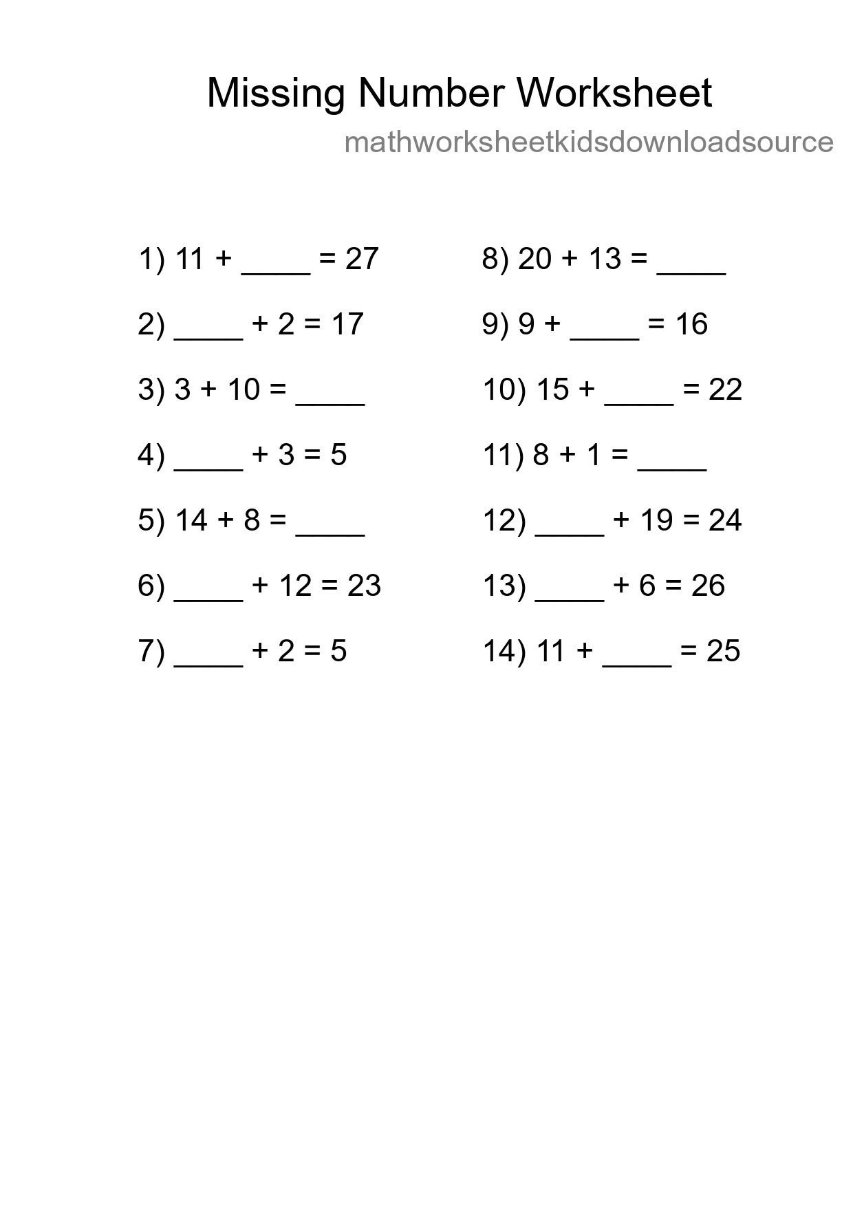 Missing Number Math Worksheet
