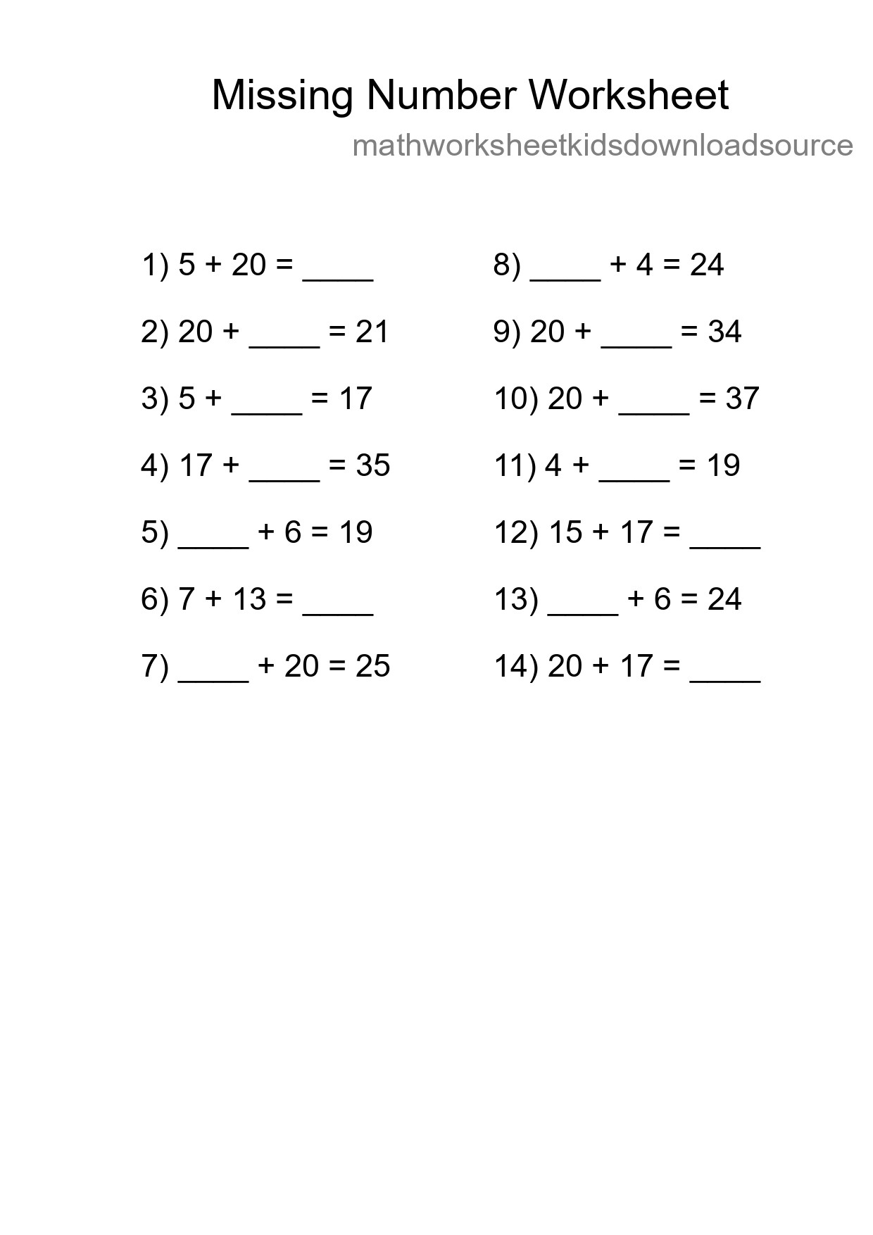 Missing Number Math Worksheet