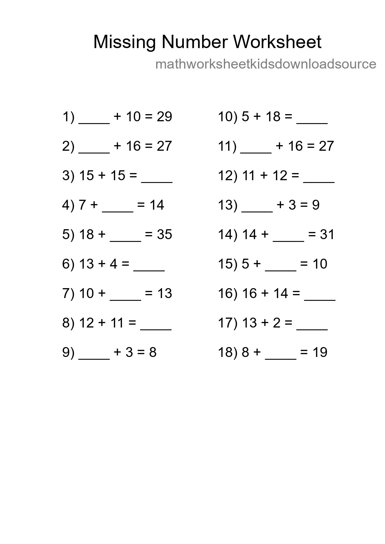 Missing Number Math Worksheet