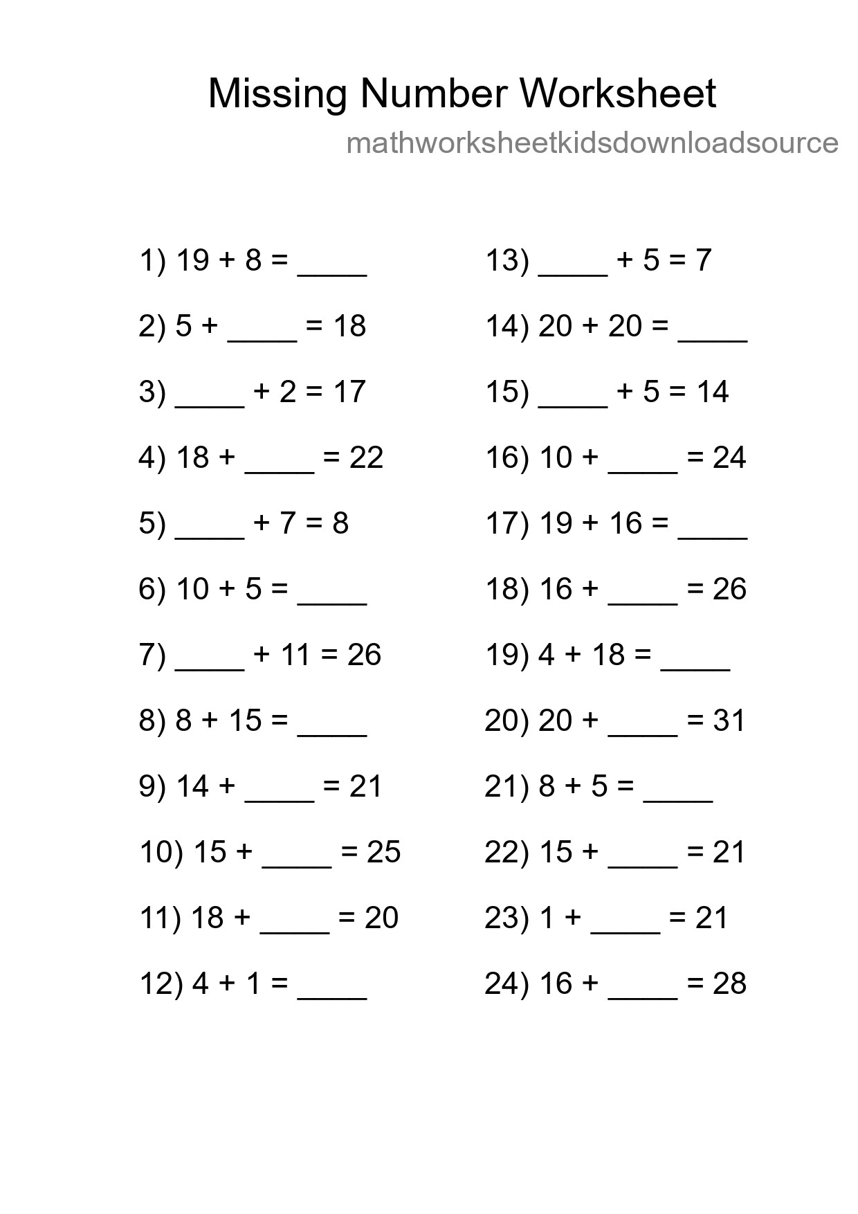 Missing Number Math Worksheet