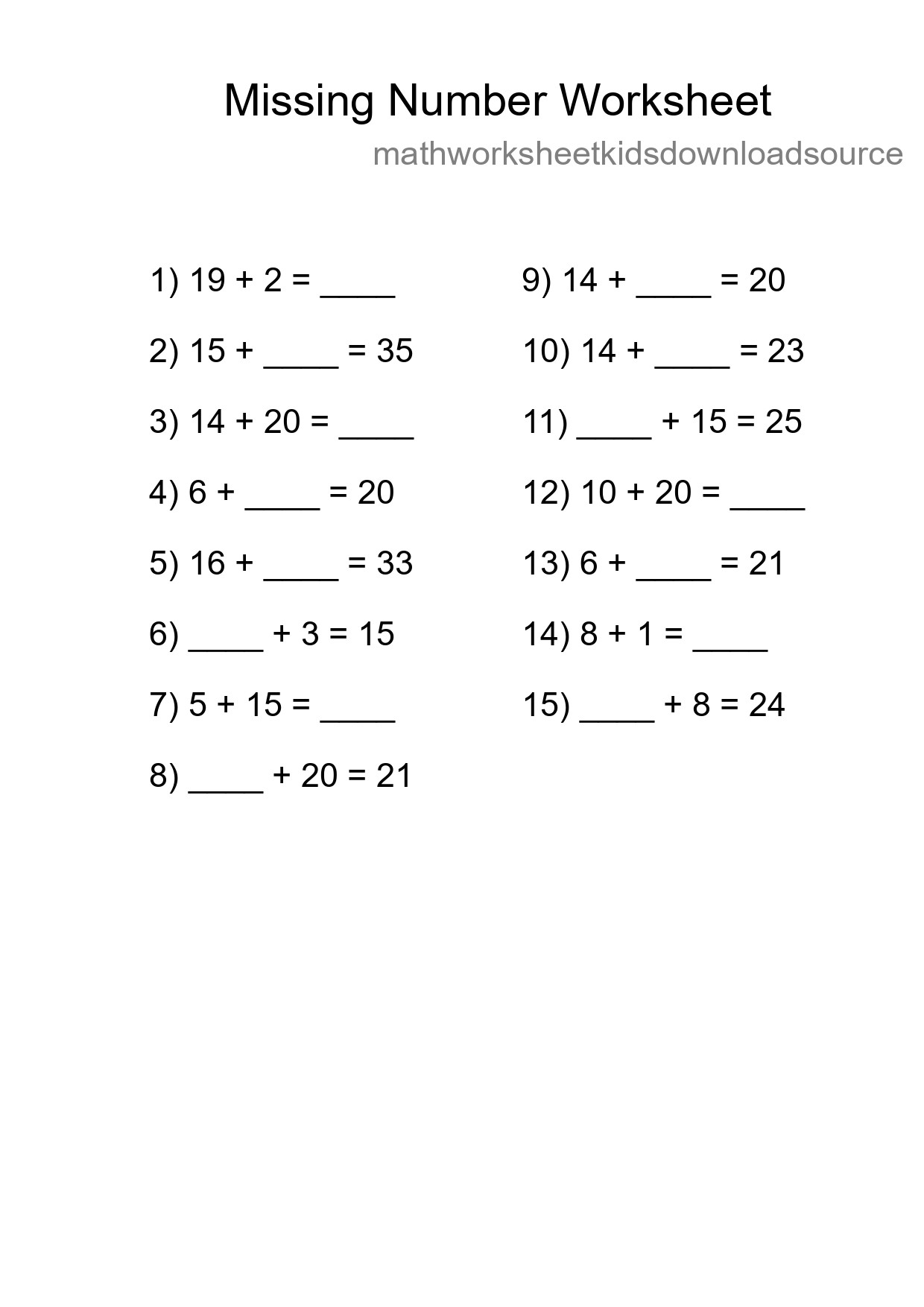 Missing Number Math Worksheet