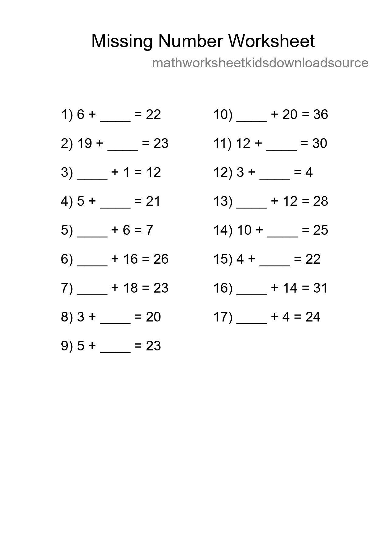 Missing Number Math Worksheet