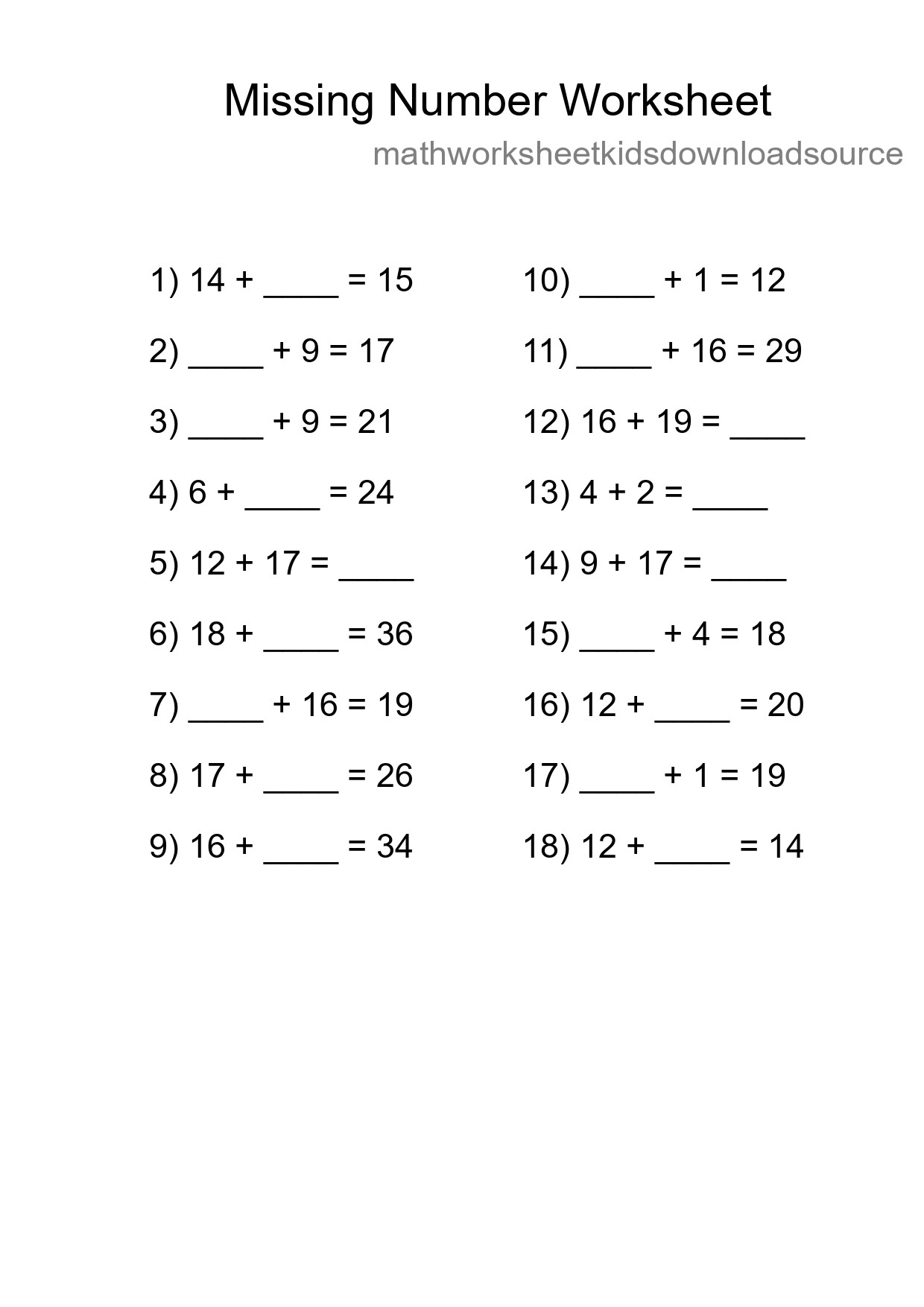 Missing Number Math Worksheet