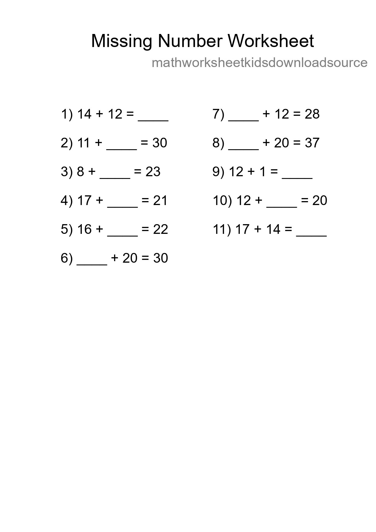 Missing Number Math Worksheet