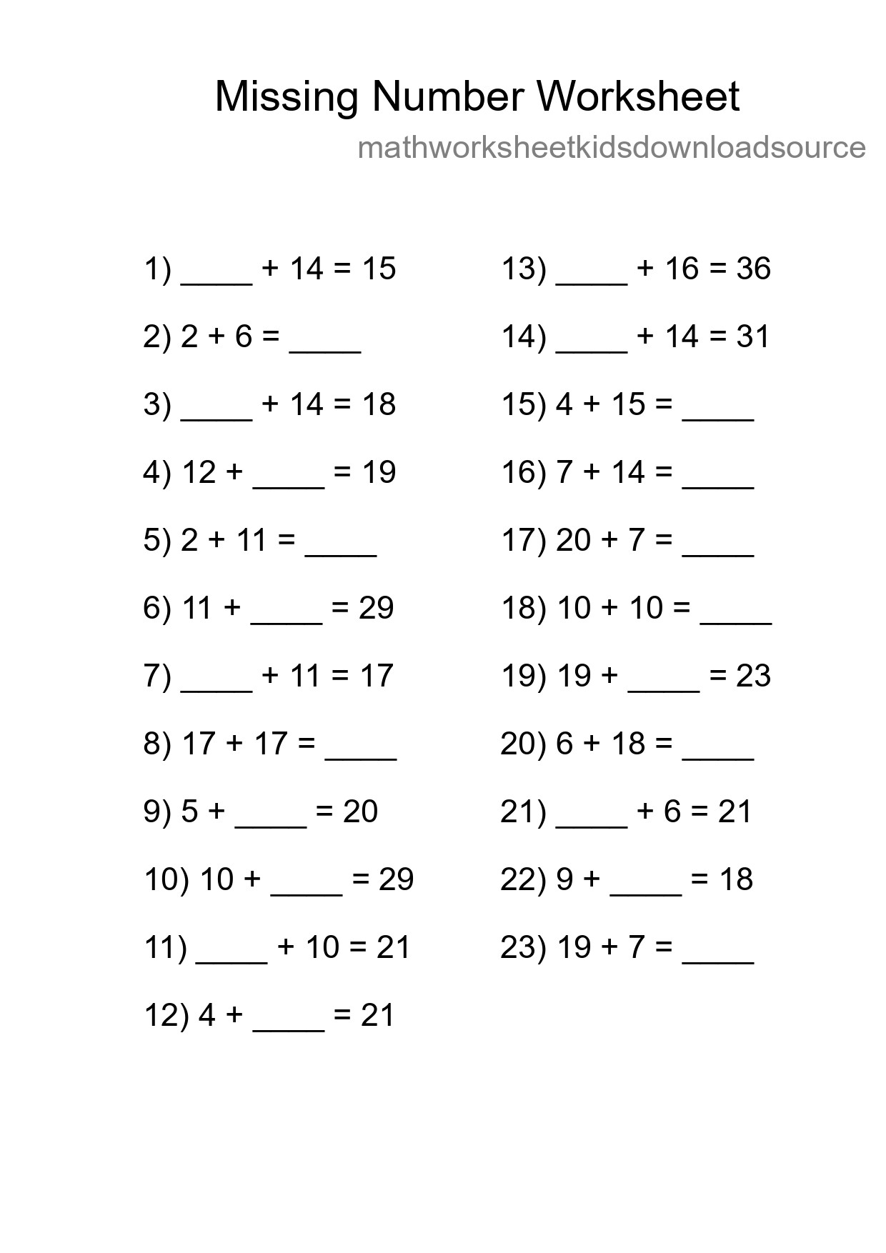 Missing Number Math Worksheet