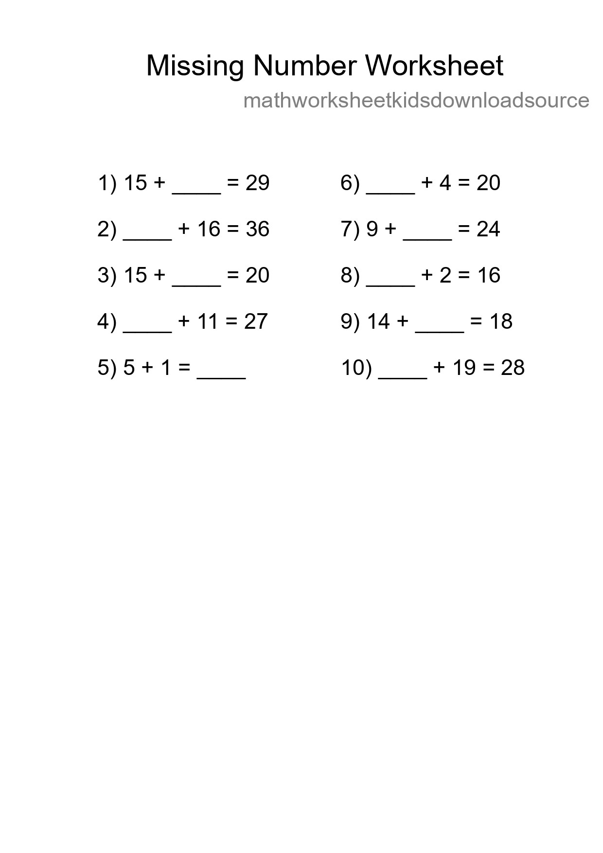Missing Number Math Worksheet