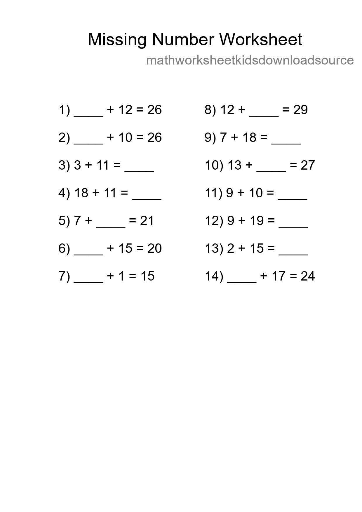 Missing Number Math Worksheet